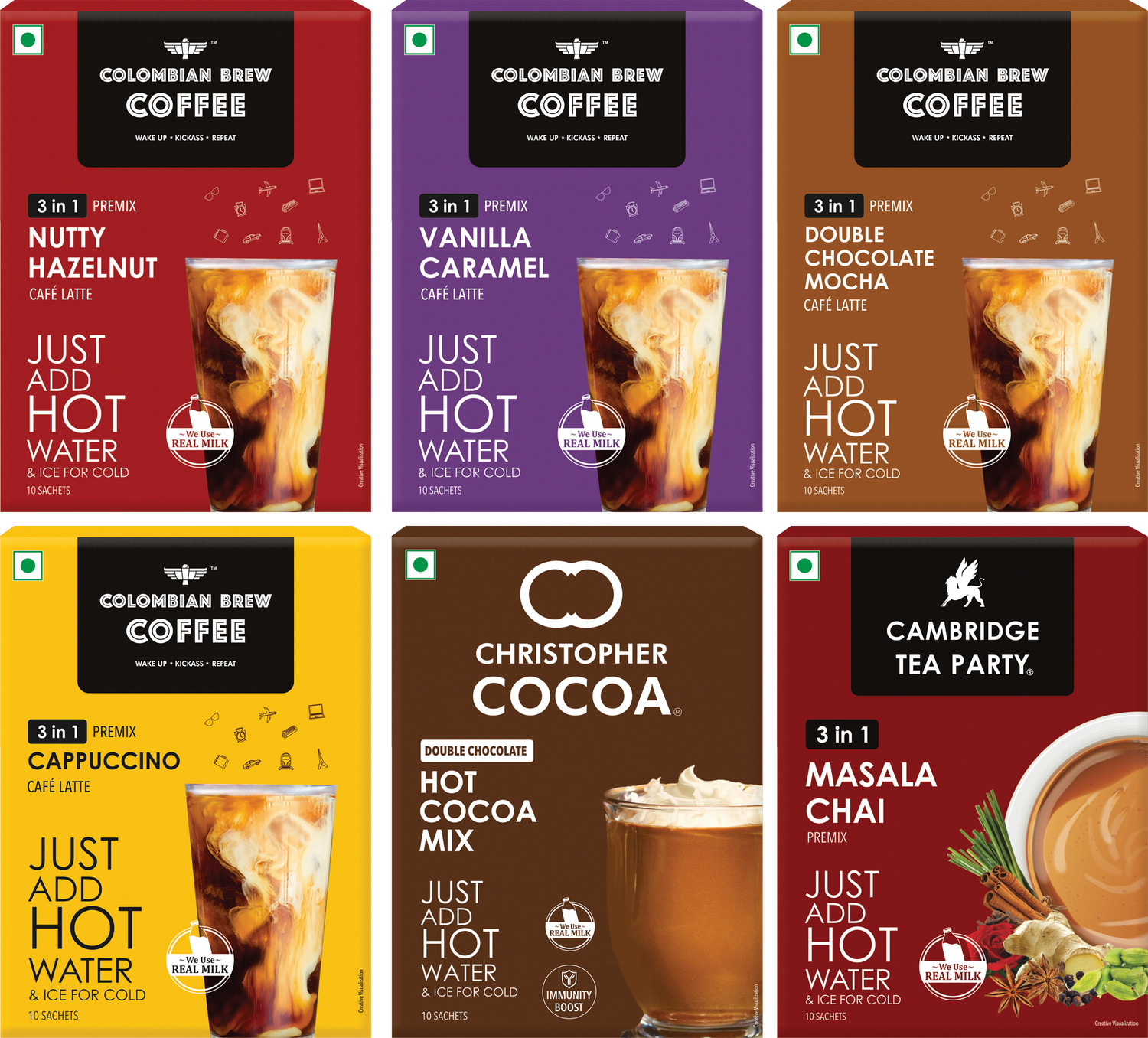 Image of Colombian Brew Premix Cappuccino,Hazelnut,Vanilla,Double,MasalaChai,CocoMix 10 3in1PremixSachet Instant Coffee (6 x 208.33 g, Hazelnut Flavoured)