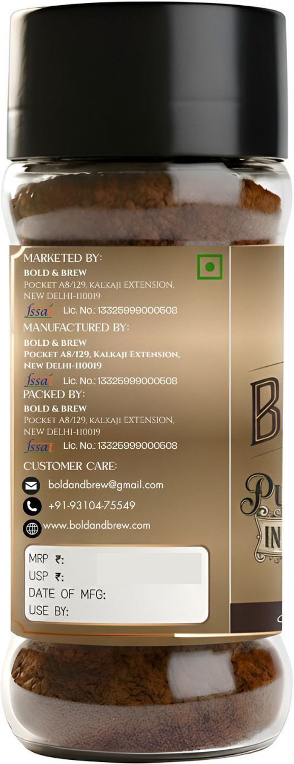Image of Bold & Brew Pure Instant Coffee Powder | Premium Coffee | Rich Aroma & Strong Taste Instant Coffee (2 x 100 g, Pure Flavoured)