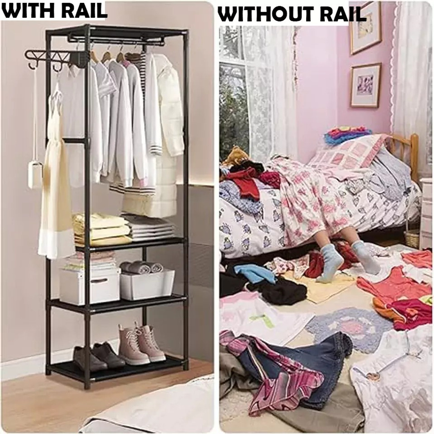 Image of Sasimo 1 Door 3 Shelf Open Coat clothes hanger stand PP PC Collapsible Wardrobe (Finish Color - 3,Black, DIY(Do-It-Yourself))