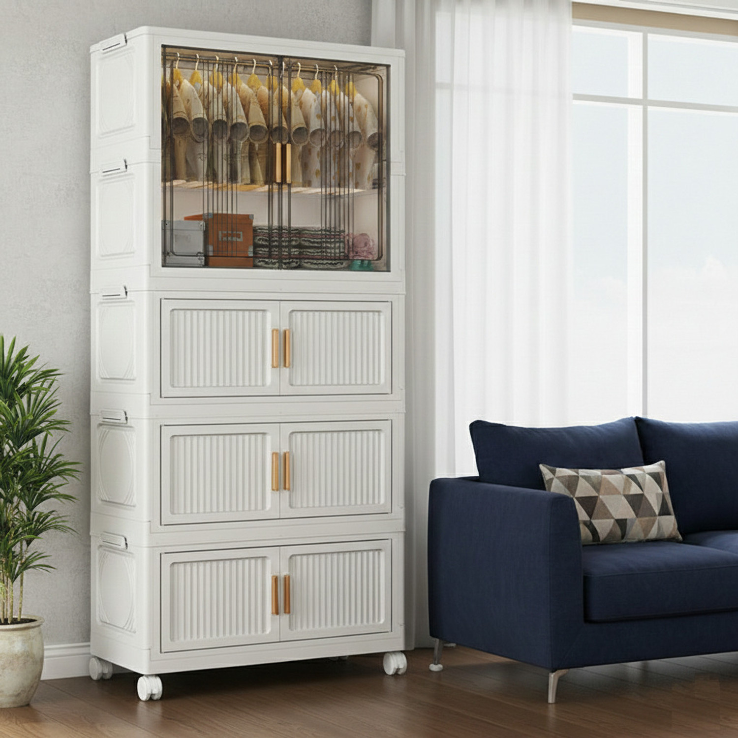 Image of KriShyam Modular Plastic Wardrobe Storage Cabinet with Transparent Sliding Doors&Wheels PP Collapsible Wardrobe (Finish Color - 3 Layer - 1 Transparent Door (White), DIY(Do-It-Yourself))