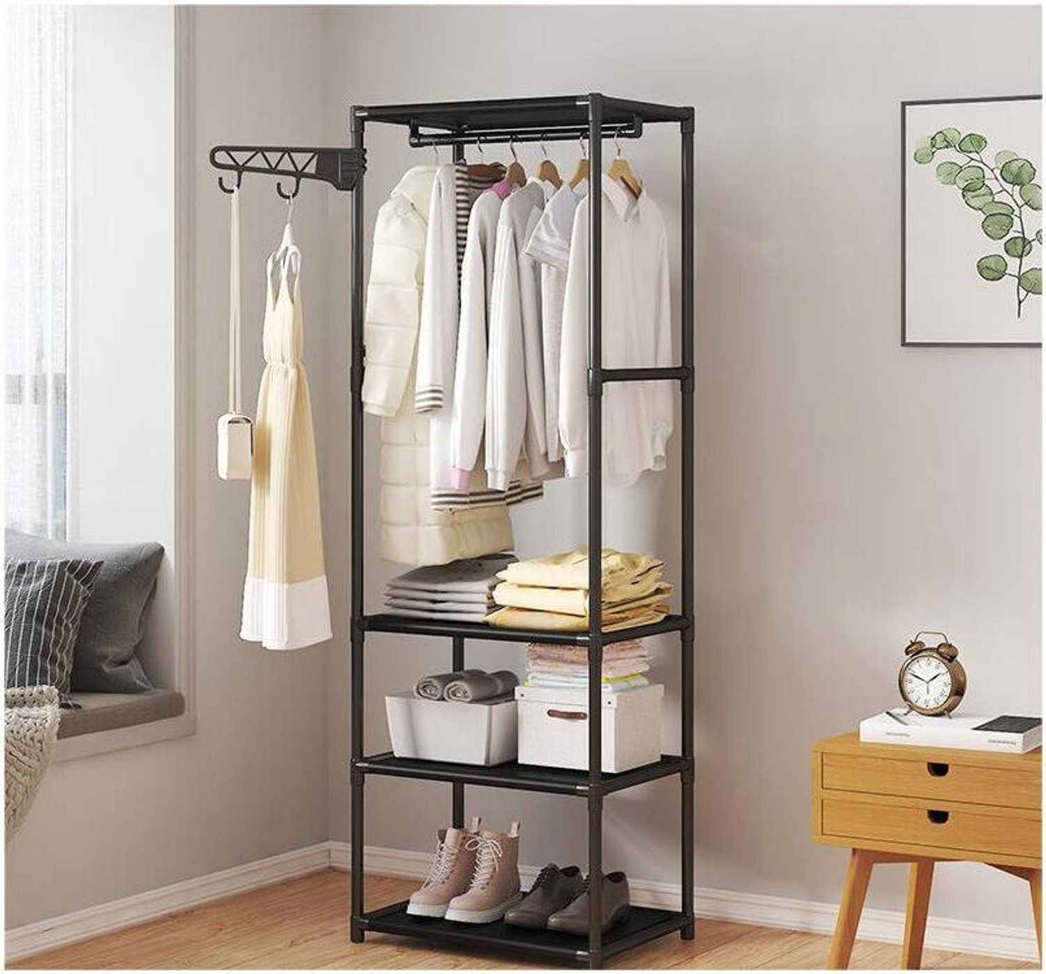 Image of Sasimo 1 Door 3 Shelf Open Coat clothes hanger stand PP PC Collapsible Wardrobe (Finish Color - 3,Black, DIY(Do-It-Yourself))