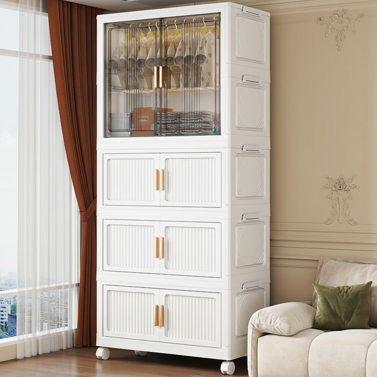 Image of KriShyam Modular Plastic Wardrobe Storage Cabinet with Transparent Sliding Doors&Wheels PP Collapsible Wardrobe (Finish Color - 3 Layer - 1 Transparent Door (White), DIY(Do-It-Yourself))
