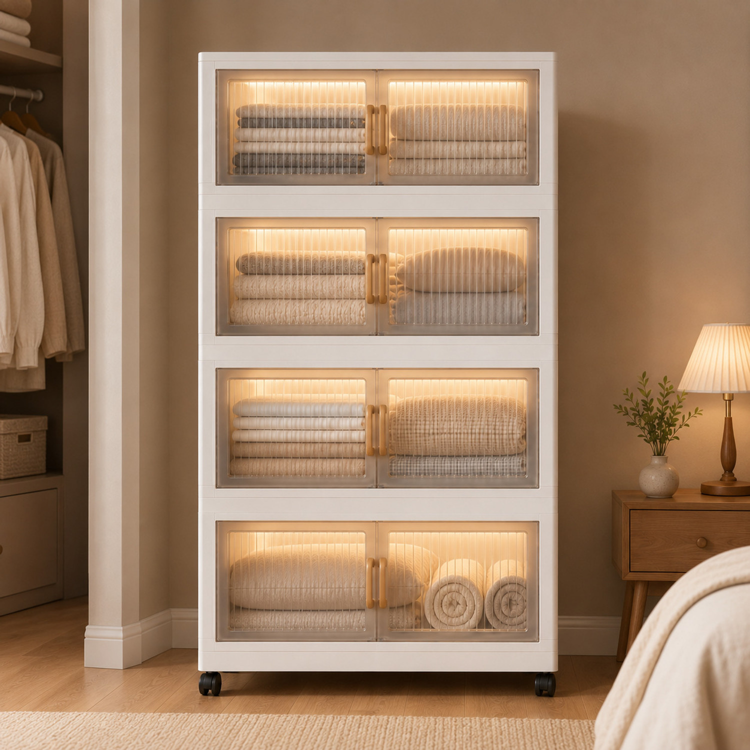 Image of KriShyam Modular Plastic Storage Cabinet with Frosted Doors& Wheels|Multi-Layer Clothes PP Collapsible Wardrobe (Finish Color - 4 Layer - 4 Transparent Door (White), DIY(Do-It-Yourself))