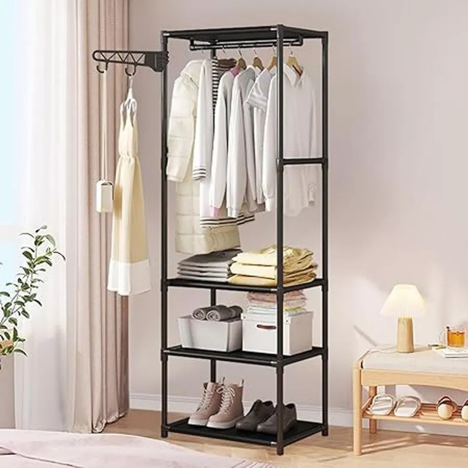 Image of Sasimo 1 Door 3 Shelf Open Coat clothes hanger stand PP PC Collapsible Wardrobe (Finish Color - 3,Black, DIY(Do-It-Yourself))