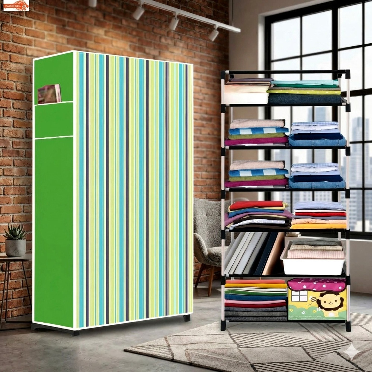 Image of FurniGully 5 Layer Multiuse Wardrobe Storage Rack for Home |Durable & Portable Metal Pipe Carbon Steel Collapsible Wardrobe (Finish Color - 5L, MATTE, Knock Down)