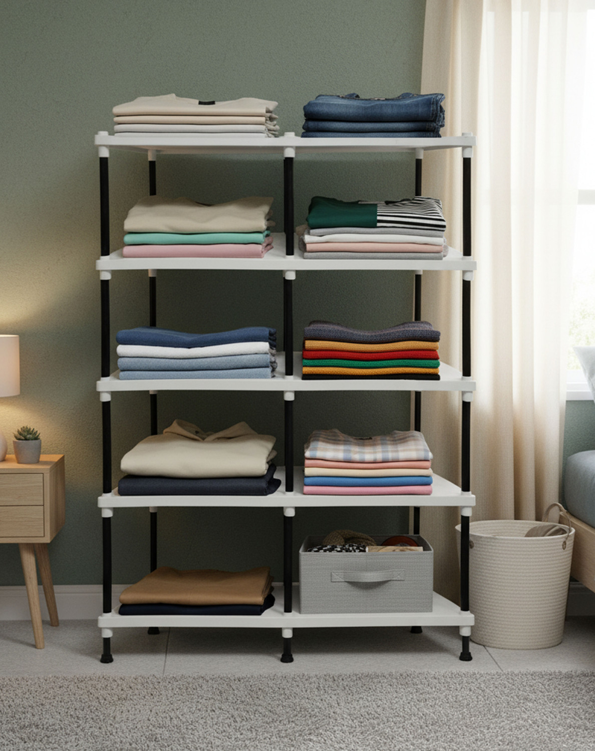 Image of FurniGully 5 Layer Multiuse Wardrobe Storage Rack for Home |Durable & Portable Metal Pipe Carbon Steel Collapsible Wardrobe (Finish Color - 5L, MATTE, Knock Down)