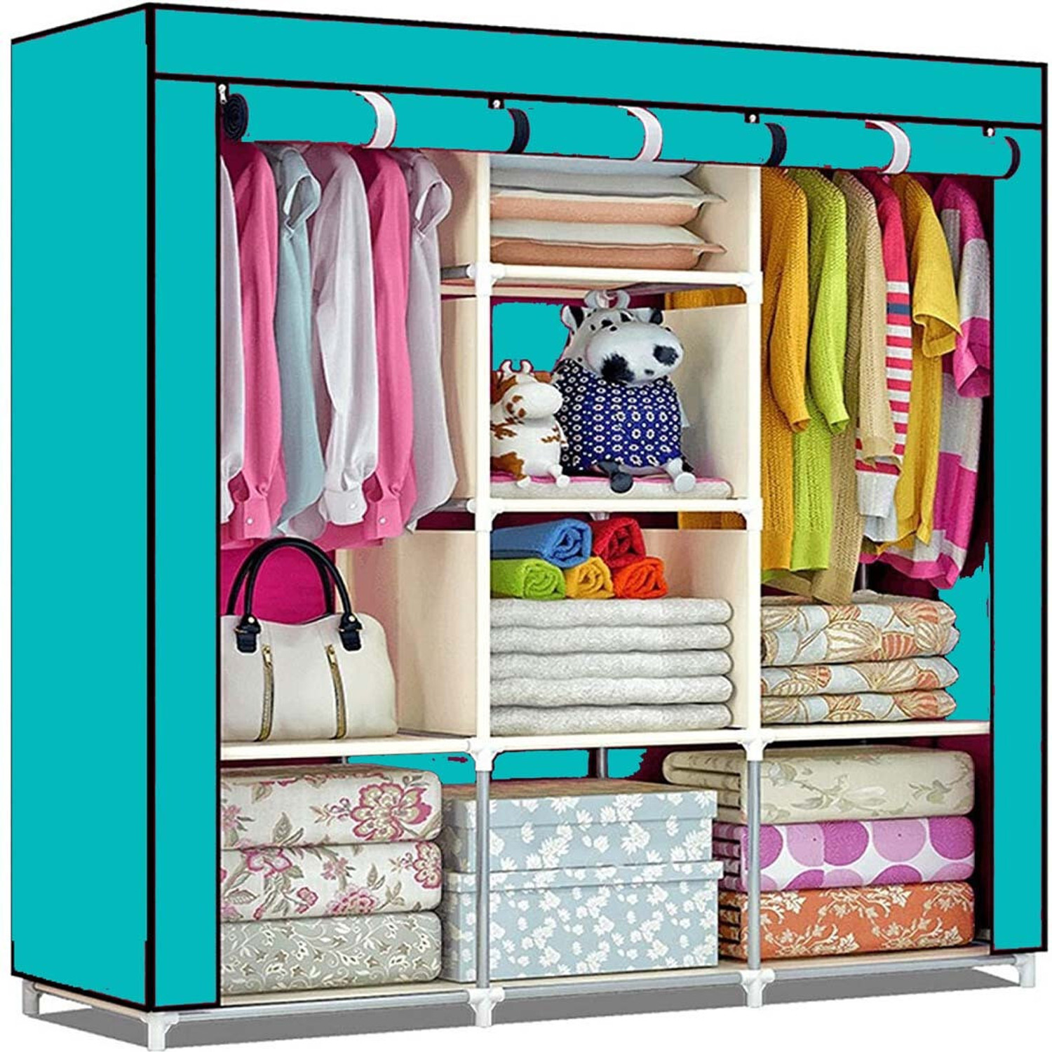 Image of MS MODSTYLE Portable Almirah Foldable closet for Clothes 12 Shelves , 1 Side Pocket (88370) PP Collapsible Wardrobe (Finish Color - Maroon, DIY(Do-It-Yourself))