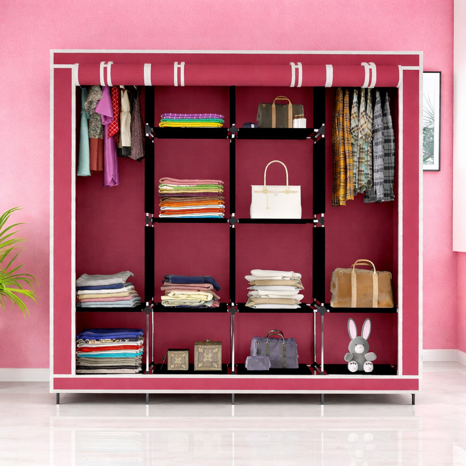 Image of MS MODSTYLE Portable Almirah Foldable closet for Clothes 12 Shelves , 1 Side Pocket (88370) PP Collapsible Wardrobe (Finish Color - Maroon, DIY(Do-It-Yourself))