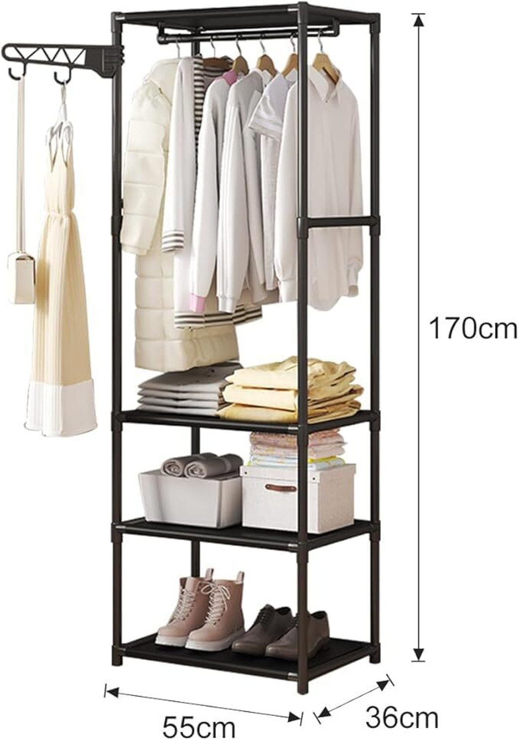 Image of Sasimo 1 Door 3 Shelf Open Coat clothes hanger stand PP PC Collapsible Wardrobe (Finish Color - 3,Black, DIY(Do-It-Yourself))