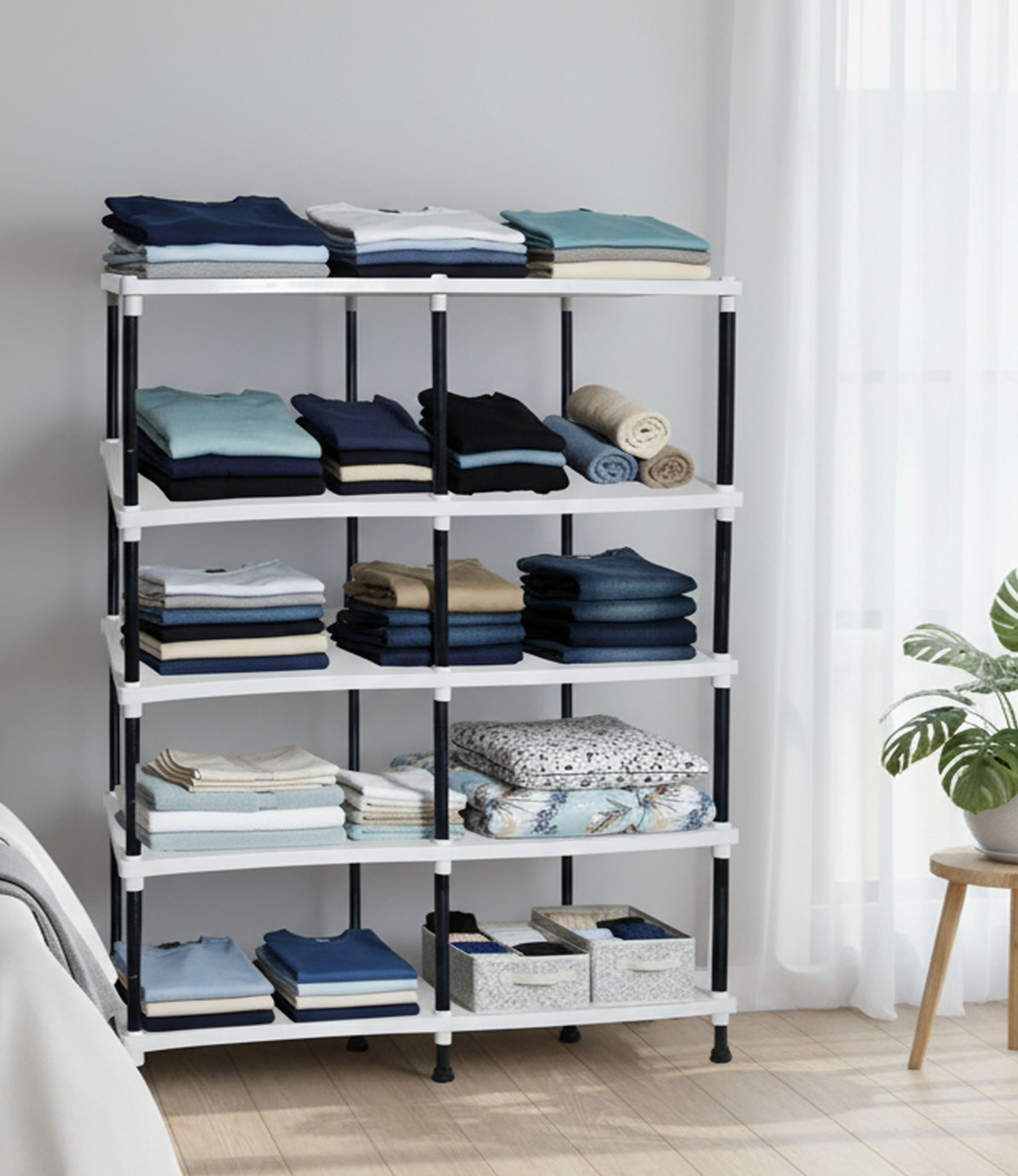 Image of FurniGully 5 Layer Multiuse Wardrobe Storage Rack for Home |Durable & Portable Metal Pipe Carbon Steel Collapsible Wardrobe (Finish Color - 5L, MATTE, Knock Down)