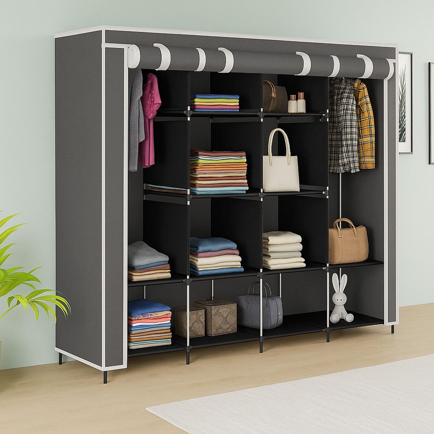 Image of FurniGully 5 Layer Multiuse Wardrobe Storage Rack for Home |Durable & Portable Metal Pipe Carbon Steel Collapsible Wardrobe (Finish Color - 5L, MATTE, Knock Down)