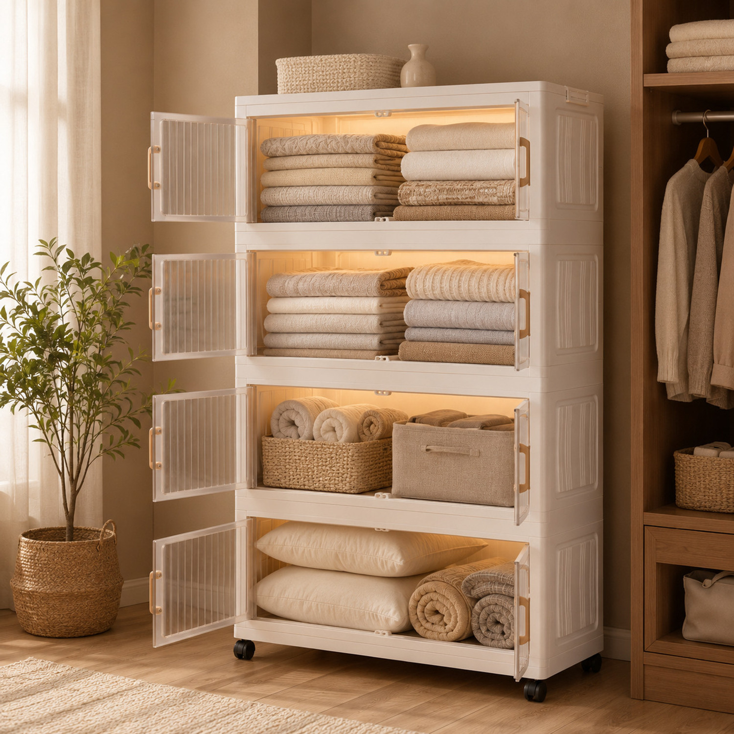 Image of KriShyam Modular Plastic Storage Cabinet with Frosted Doors& Wheels|Multi-Layer Clothes PP Collapsible Wardrobe (Finish Color - 4 Layer - 4 Transparent Door (White), DIY(Do-It-Yourself))