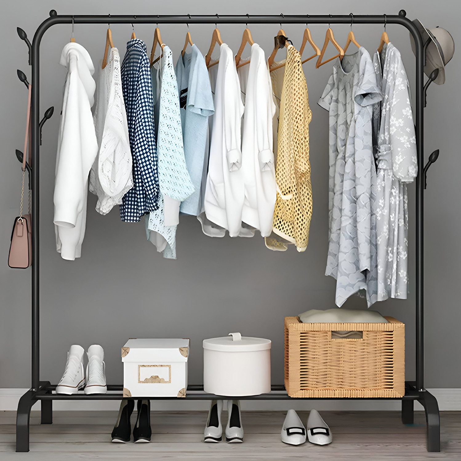 Image of FurniGully 5 Layer Multiuse Wardrobe Storage Rack for Home |Durable & Portable Metal Pipe Carbon Steel Collapsible Wardrobe (Finish Color - 5L, MATTE, Knock Down)