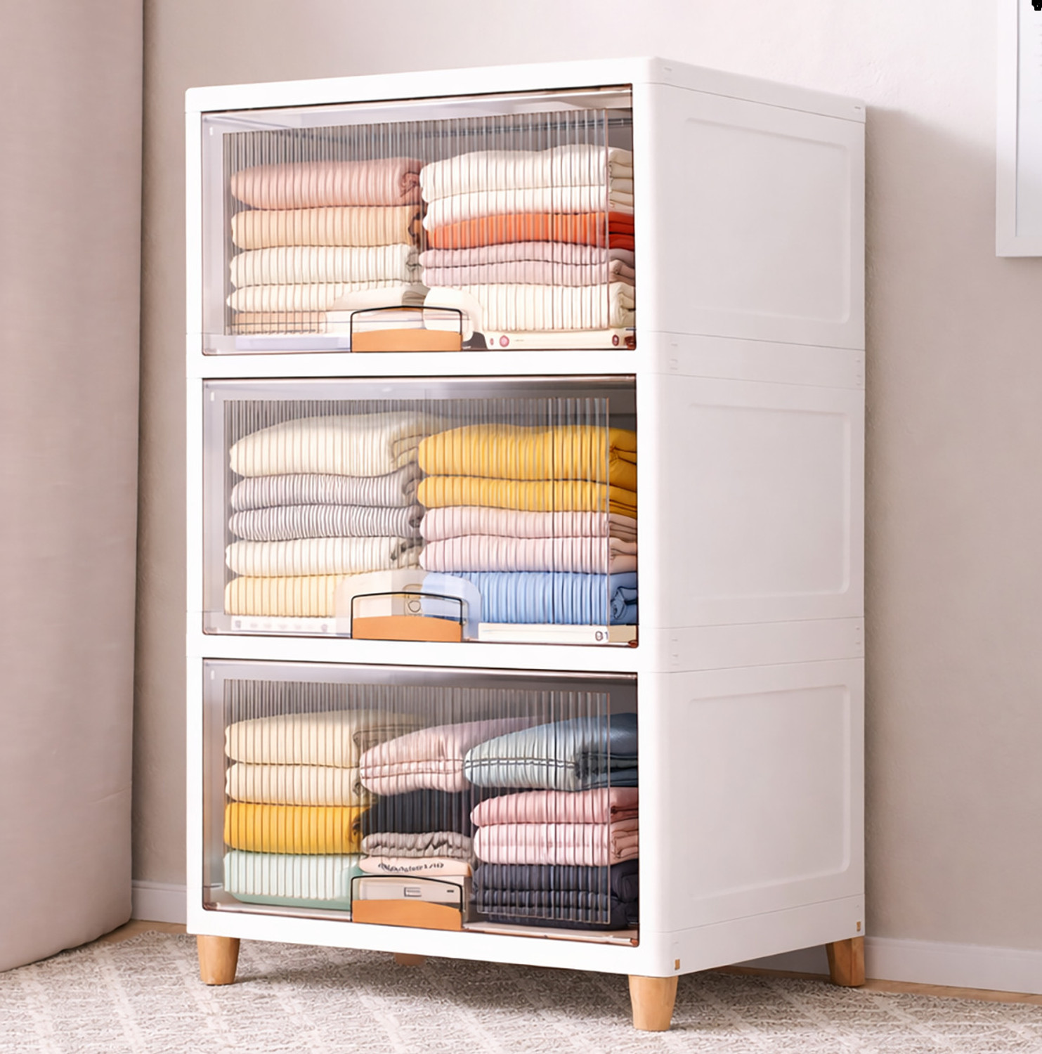 Image of Sasimo 3-Door 3-Shelf Plastic foldable Cupboard PC Collapsible Wardrobe (Finish Color - 3,Crystal White, DIY(Do-It-Yourself))