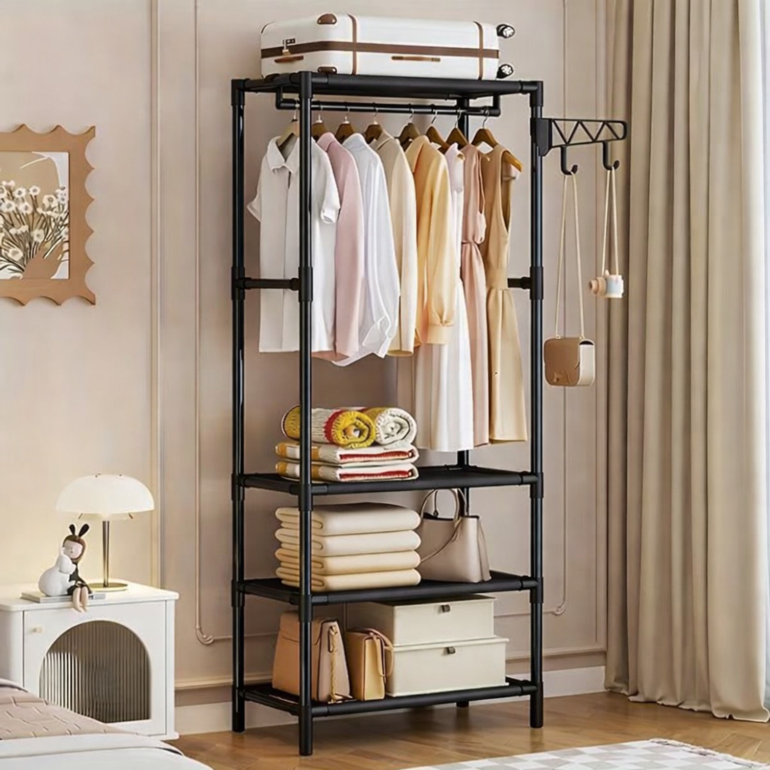 Image of Sasimo 1 Door 3 Shelf Open Coat clothes hanger stand PP PC Collapsible Wardrobe (Finish Color - 3,Black, DIY(Do-It-Yourself))