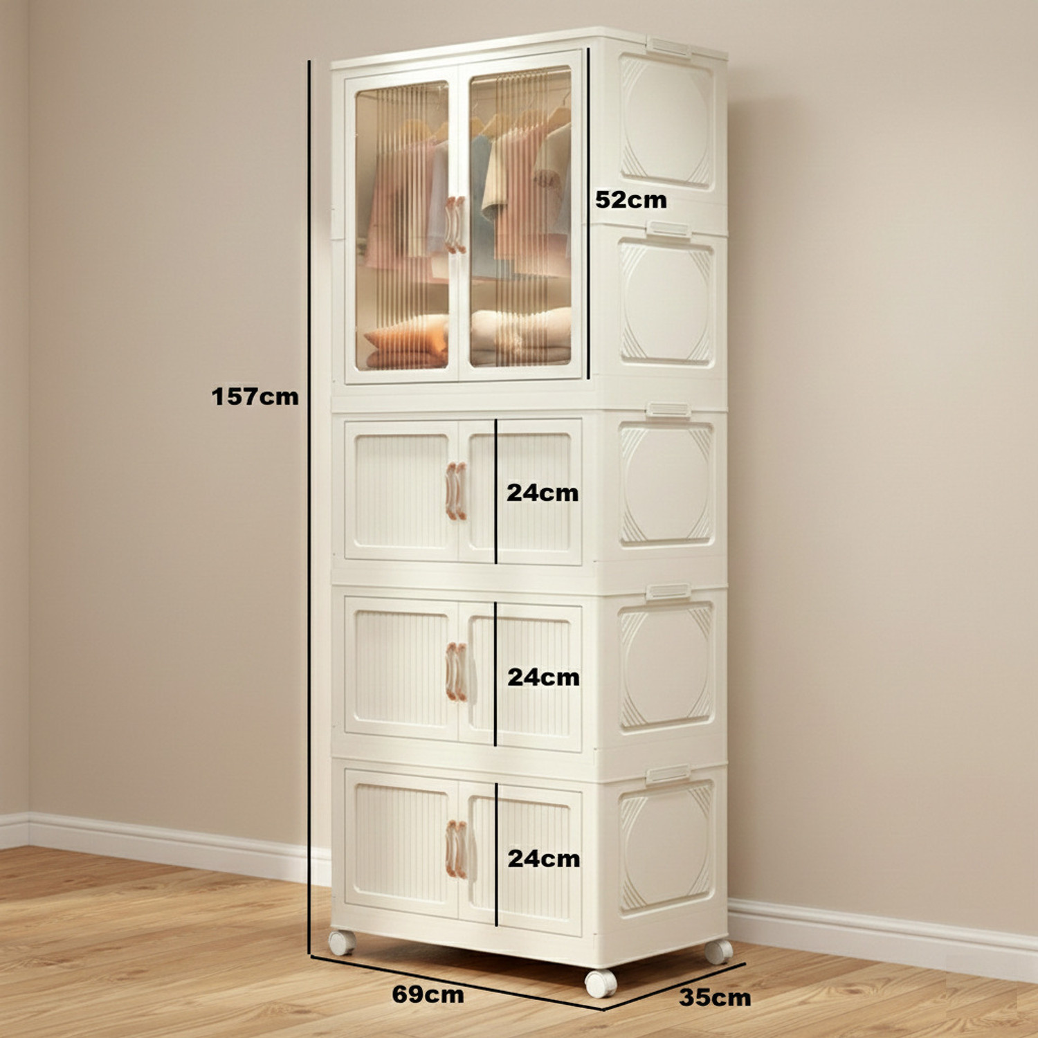 Image of KriShyam Modular Plastic Wardrobe Storage Cabinet with Transparent Sliding Doors&Wheels PP Collapsible Wardrobe (Finish Color - 3 Layer - 1 Transparent Door (White), DIY(Do-It-Yourself))