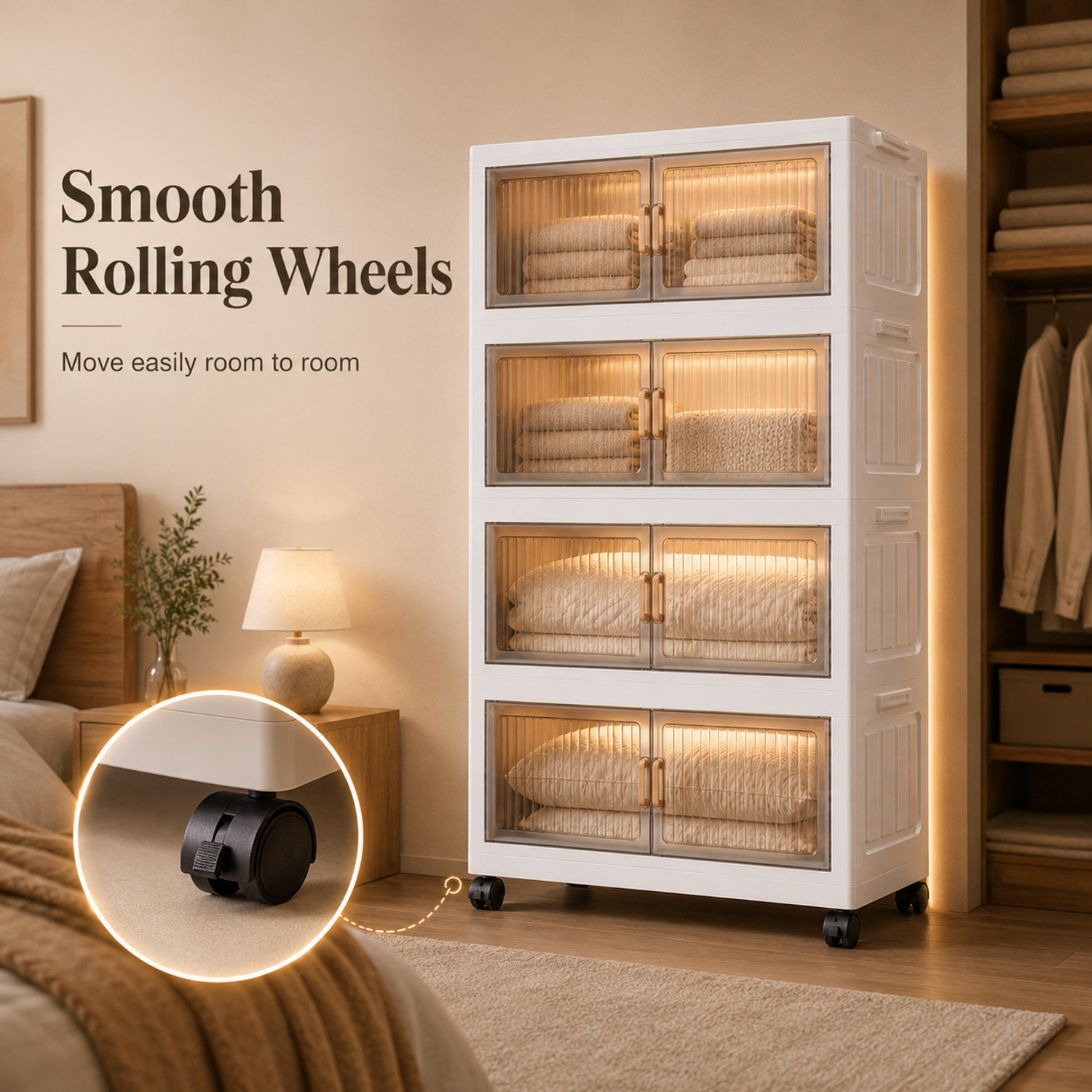 Image of KriShyam Modular Plastic Storage Cabinet with Frosted Doors& Wheels|Multi-Layer Clothes PP Collapsible Wardrobe (Finish Color - 4 Layer - 4 Transparent Door (White), DIY(Do-It-Yourself))
