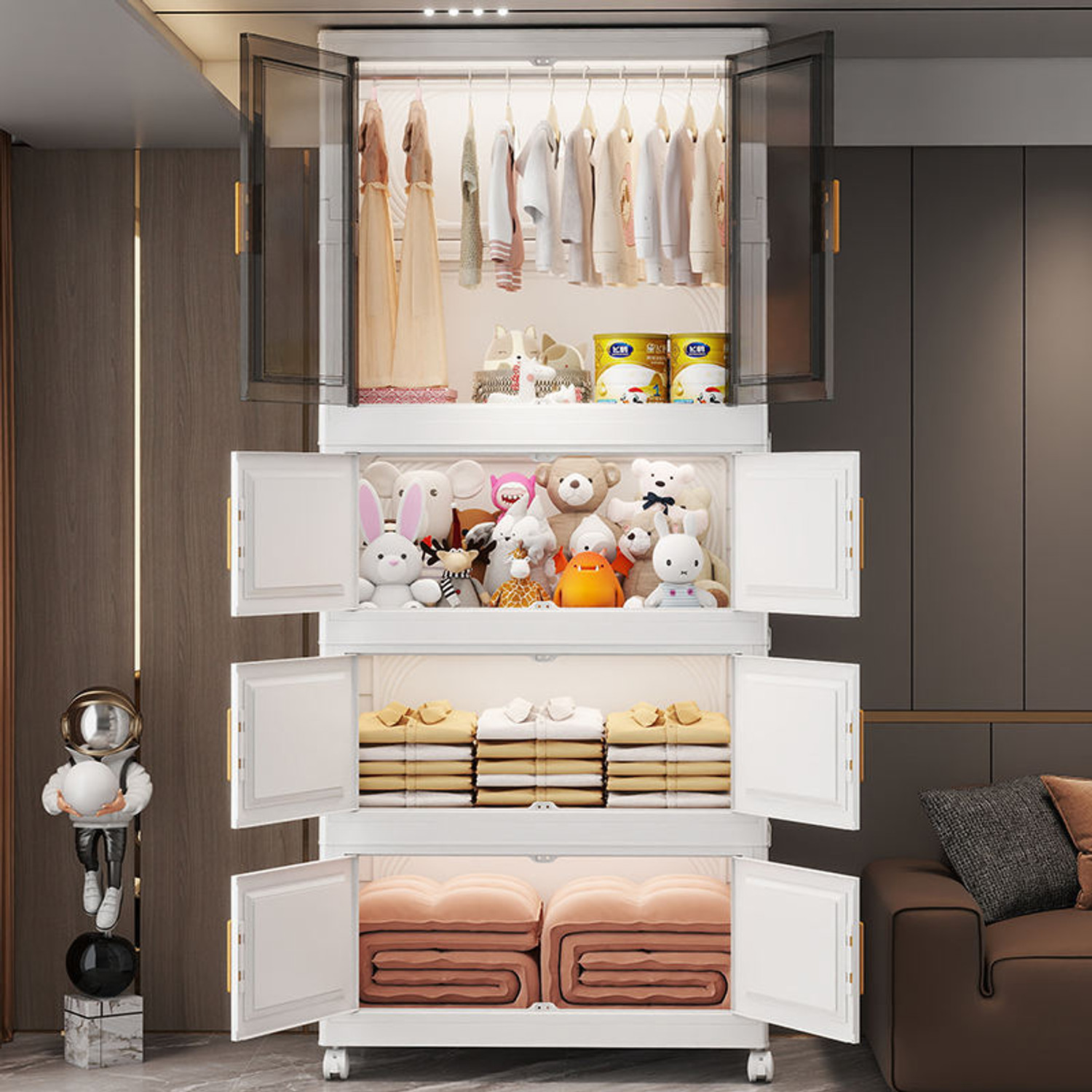 Image of KriShyam Modular Plastic Wardrobe Storage Cabinet with Transparent Sliding Doors&Wheels PP Collapsible Wardrobe (Finish Color - 3 Layer - 1 Transparent Door (White), DIY(Do-It-Yourself))
