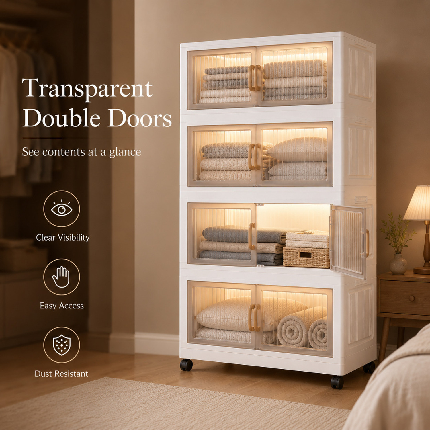 Image of KriShyam Modular Plastic Storage Cabinet with Frosted Doors& Wheels|Multi-Layer Clothes PP Collapsible Wardrobe (Finish Color - 4 Layer - 4 Transparent Door (White), DIY(Do-It-Yourself))