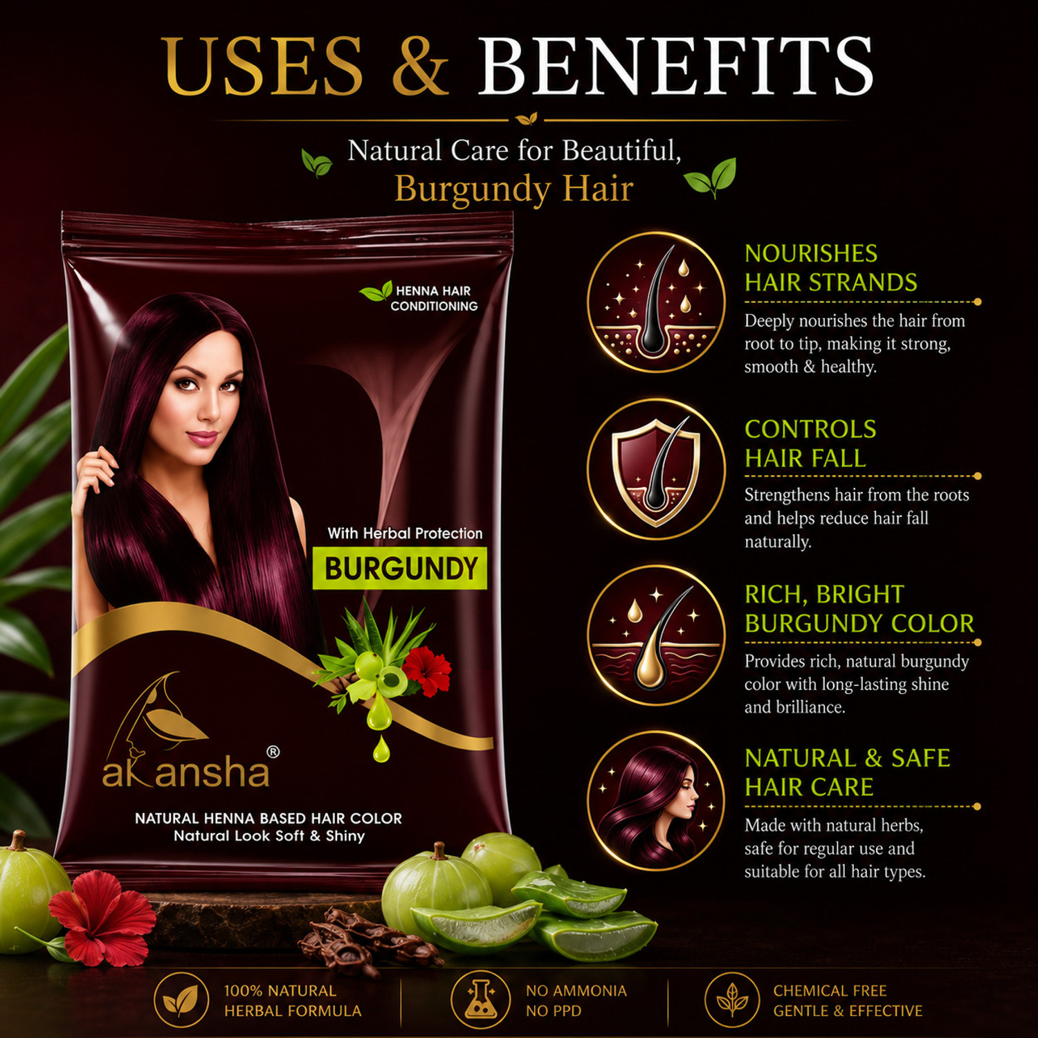 Image of Akansha Natural Burgundy Henna Powder With Amla and Bhringraj (Pack of 5, 20g each) , Burgundy