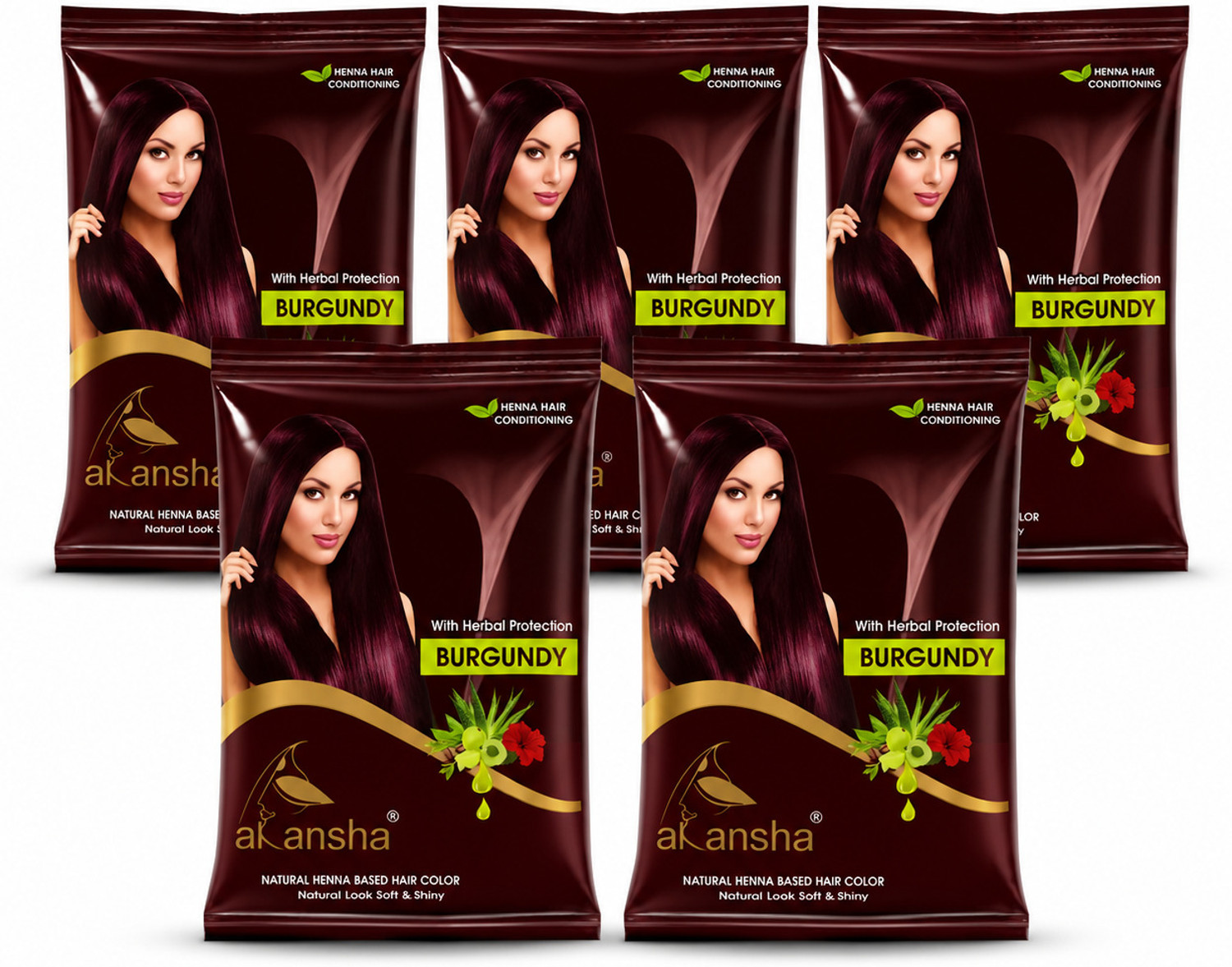 Image of Akansha Natural Burgundy Henna Powder With Amla and Bhringraj (Pack of 5, 20g each) , Burgundy