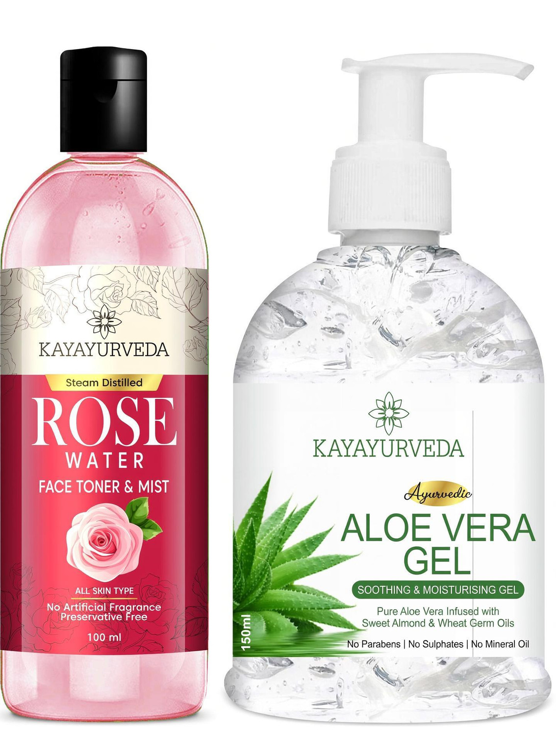 KAYAYURVEDA Aloevera Gel 150ml and Rose Water Toner 100ml Multipurpose Use Combo Price in In...