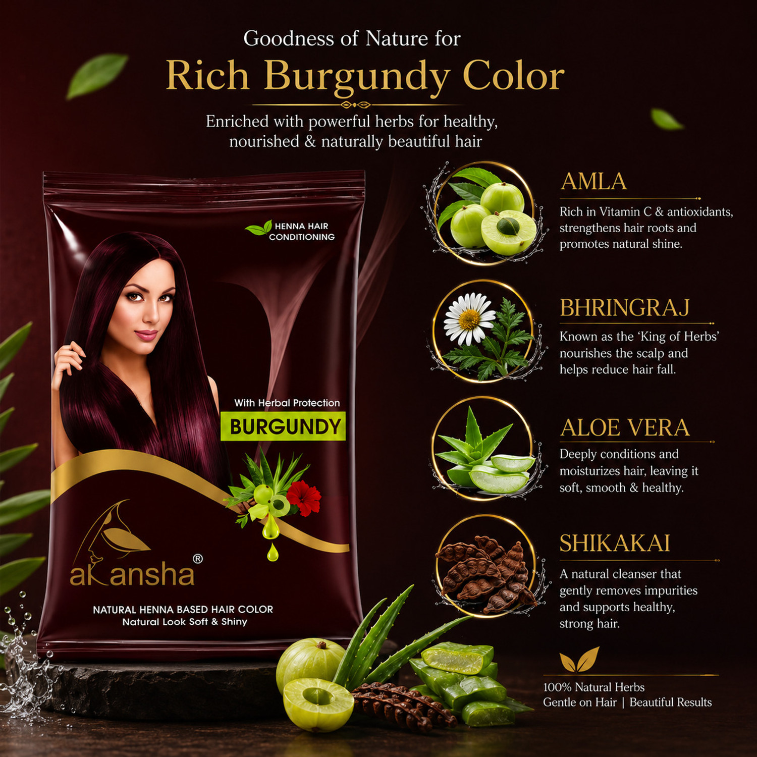 Image of Akansha Natural Burgundy Henna Powder With Amla and Bhringraj (Pack of 5, 20g each) , Burgundy
