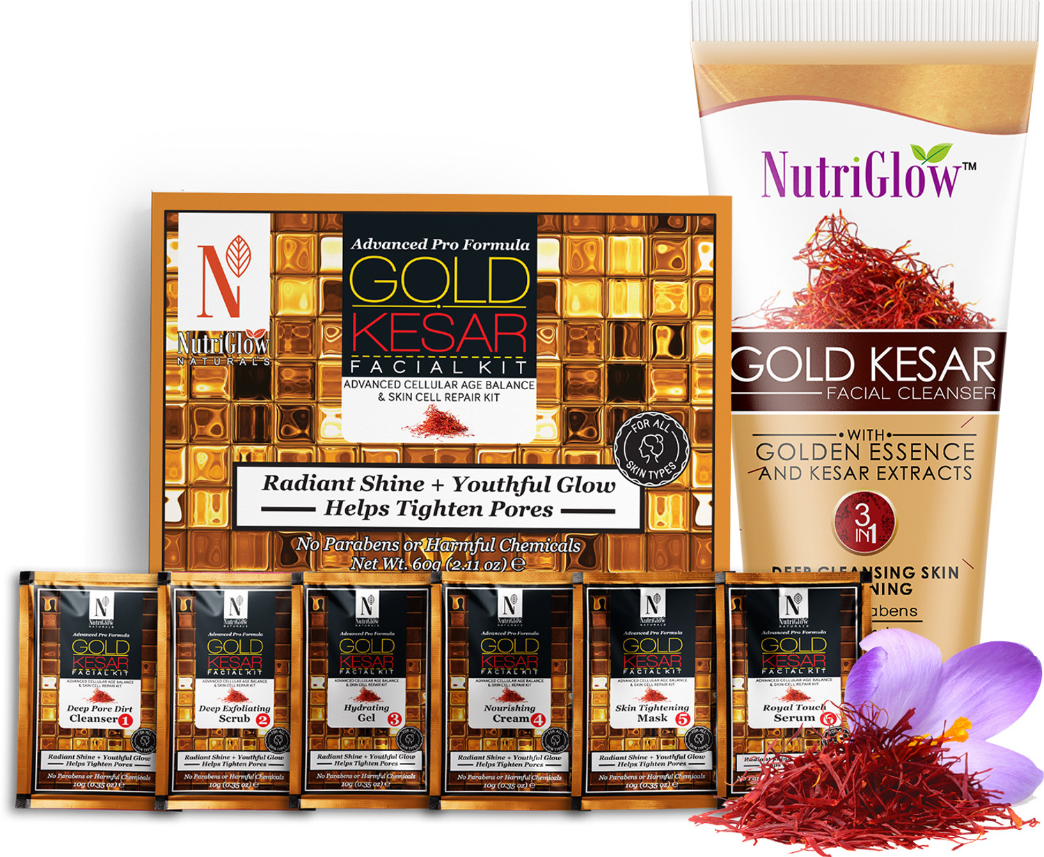 Image of NutriGlow Gold Kesar Facial Kit (60g), Gold Kesar Face Wash (65ml), Natural Radiance (2 Items in the set)
