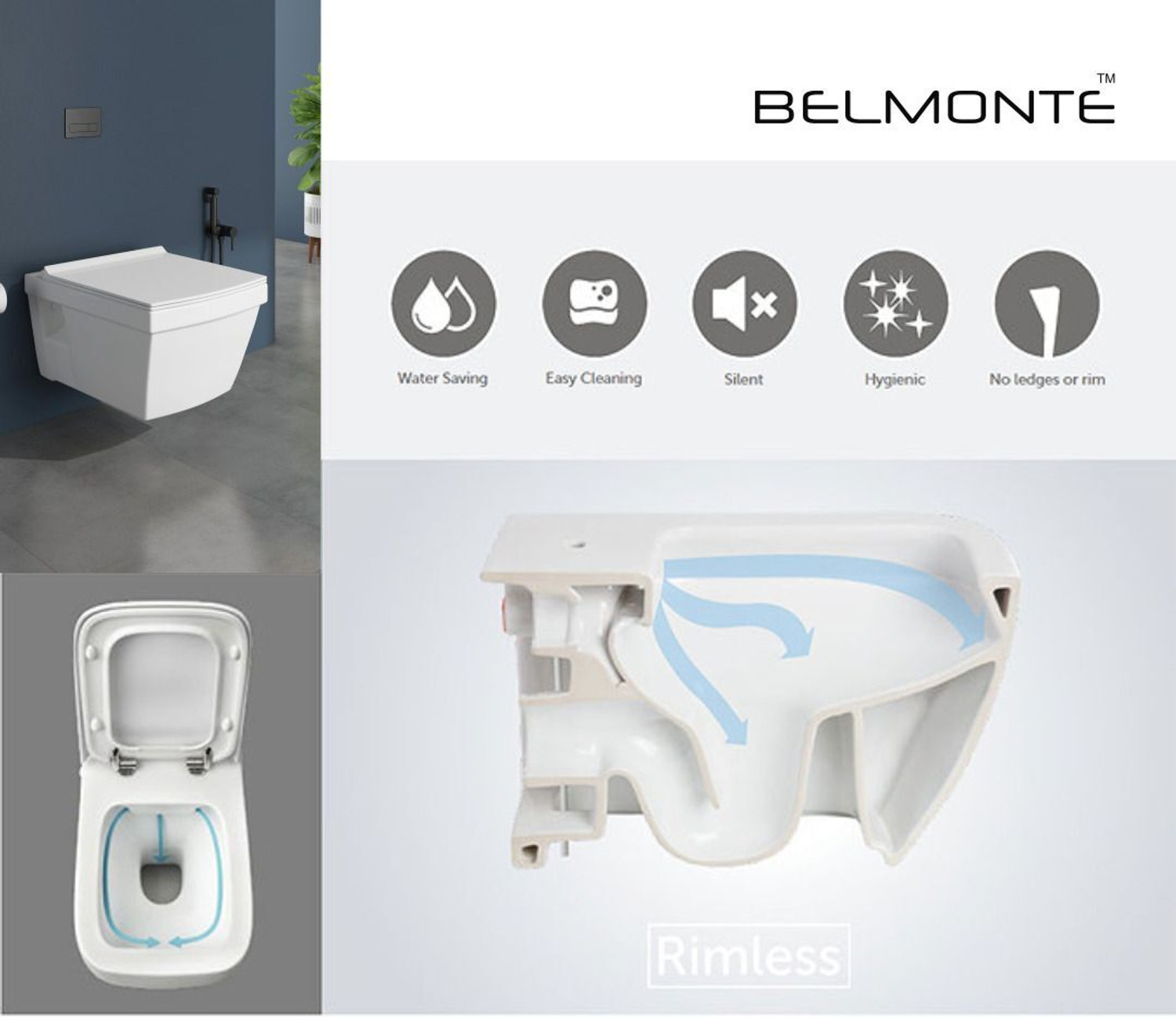 Image of BM BELMONTE Ceramic Wall Hung Rimless Western Toilet / Commode / Water Closet / EWC Crenza with Soft Close Slim Seat Cover 51cm x 36cm x 34cm Western Commode (White)