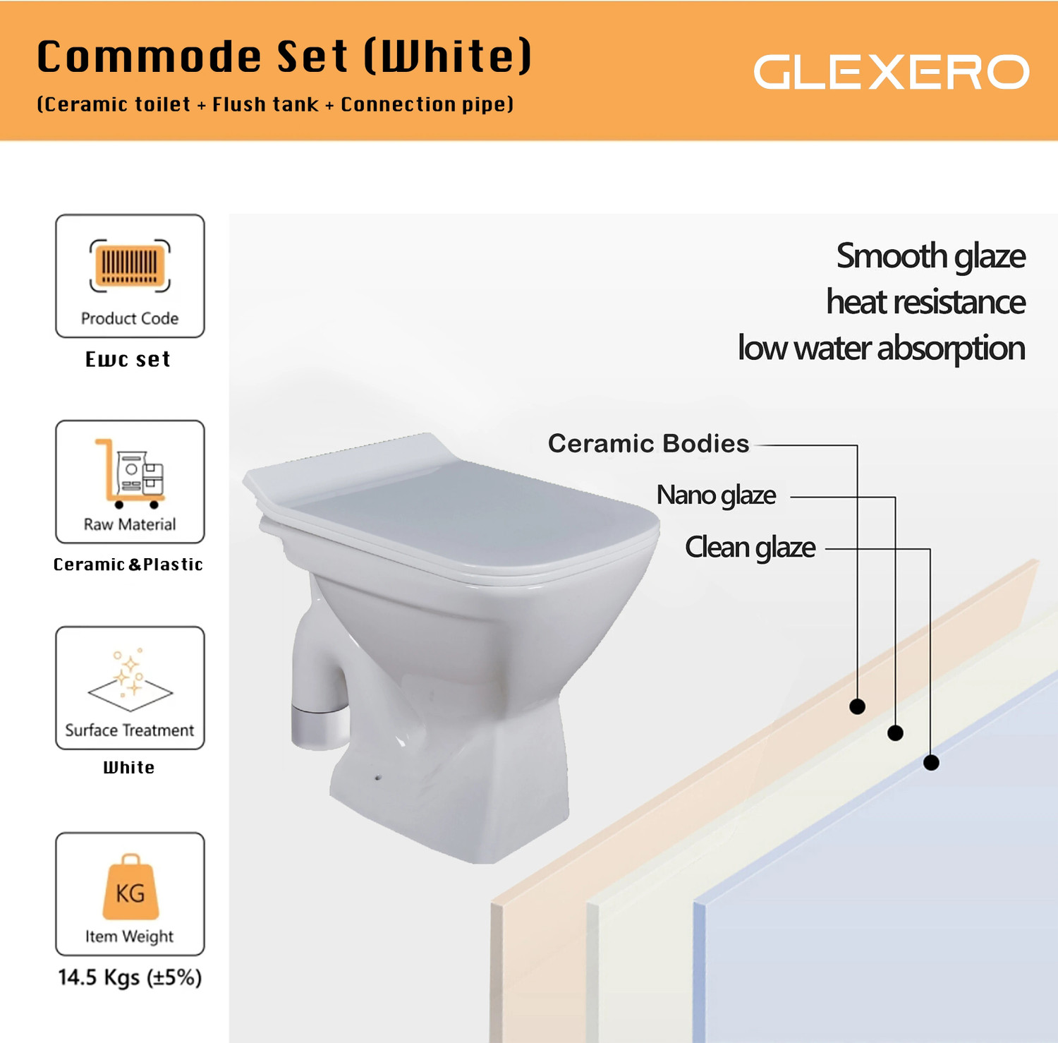 Image of Glexero Premium Quality Super White Ceramic Commode With Stylish Flush Tank Floor Mounted S Trap Toilet Western Commode (White)