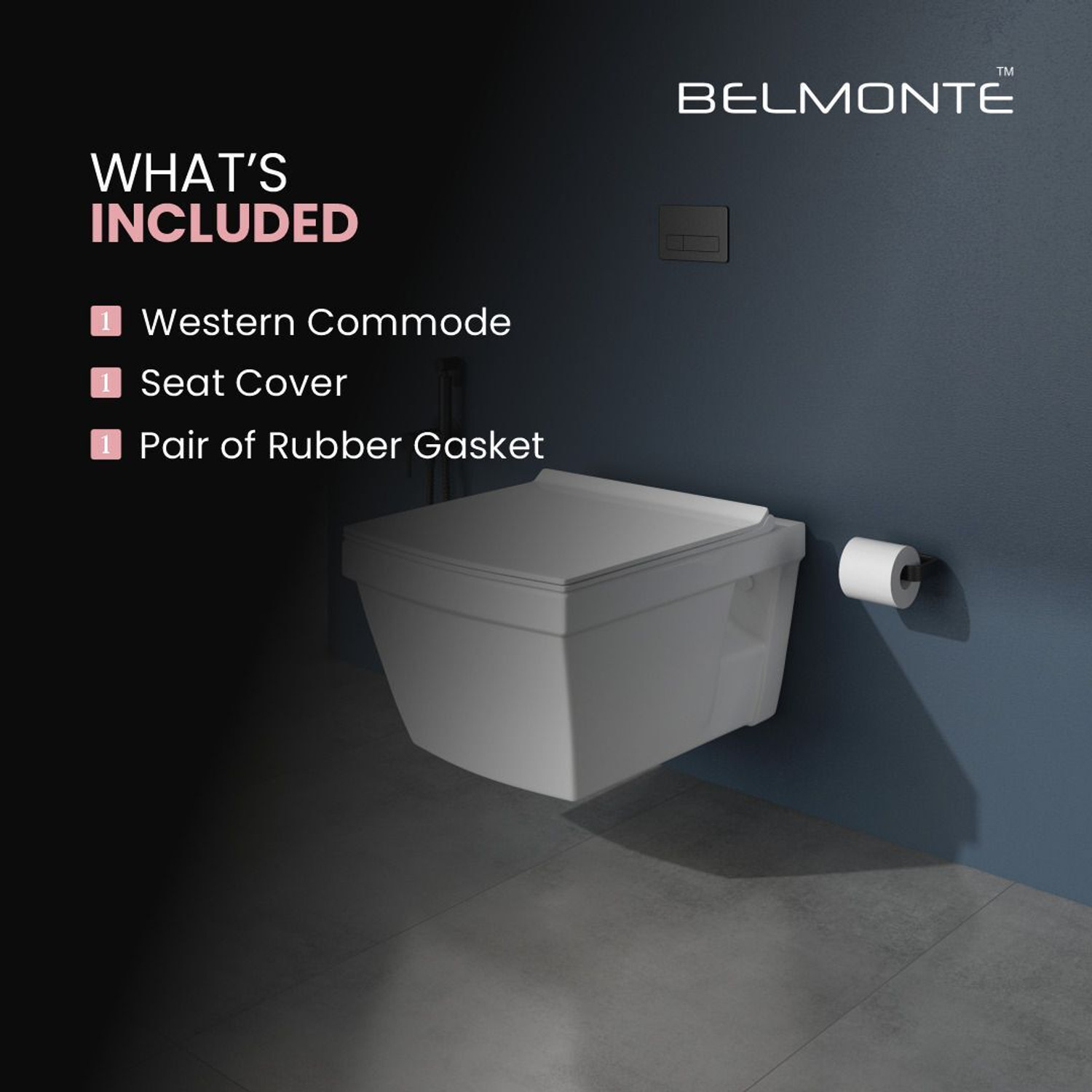 Image of BM BELMONTE Ceramic Wall Hung Rimless Western Toilet / Commode / Water Closet / EWC Crenza with Soft Close Slim Seat Cover 51cm x 36cm x 34cm Western Commode (White)