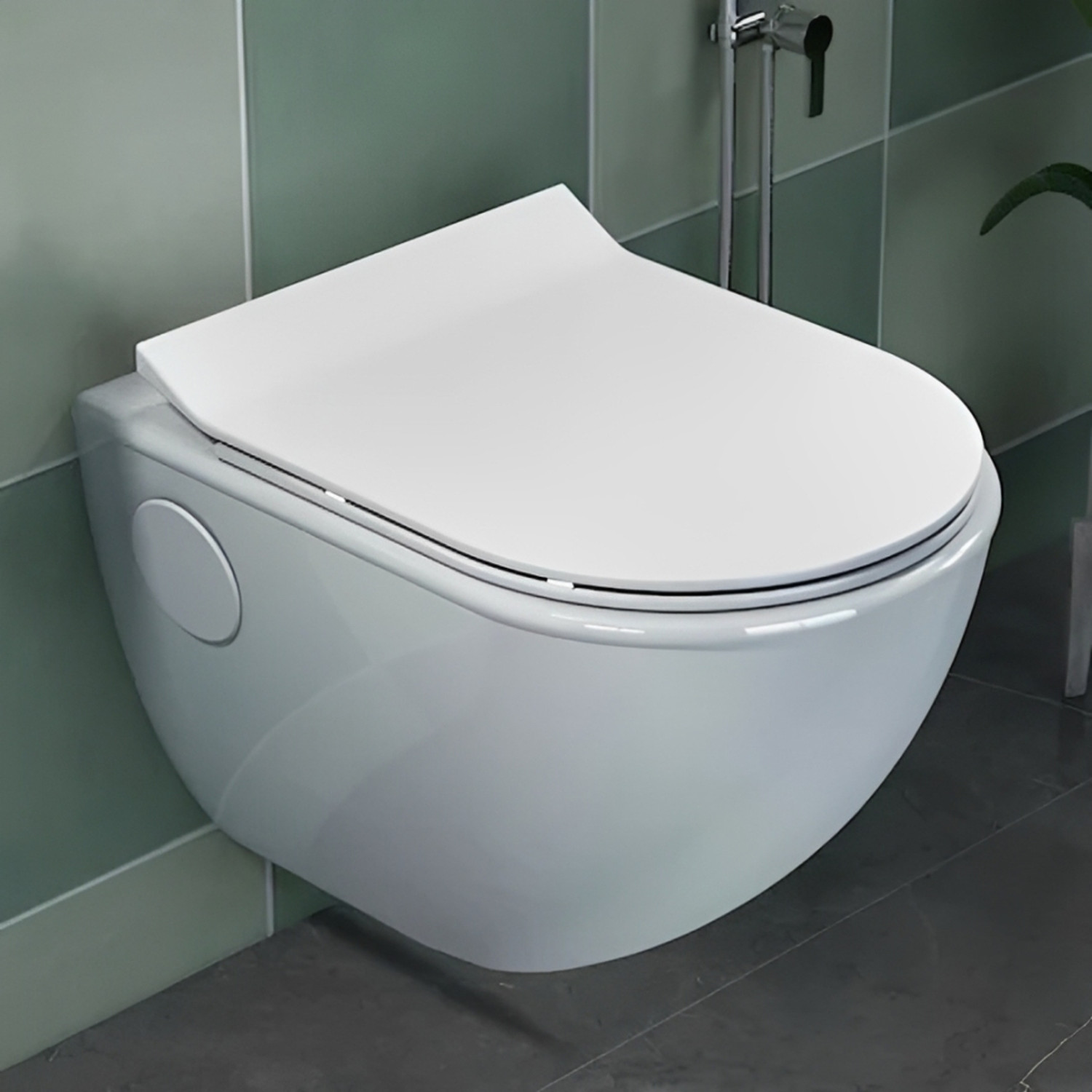 Image of BM BELMONTE Ceramic Wall Hung Rimless Western Toilet / Commode / Water Closet / EWC Crenza with Soft Close Slim Seat Cover 51cm x 36cm x 34cm Western Commode (White)