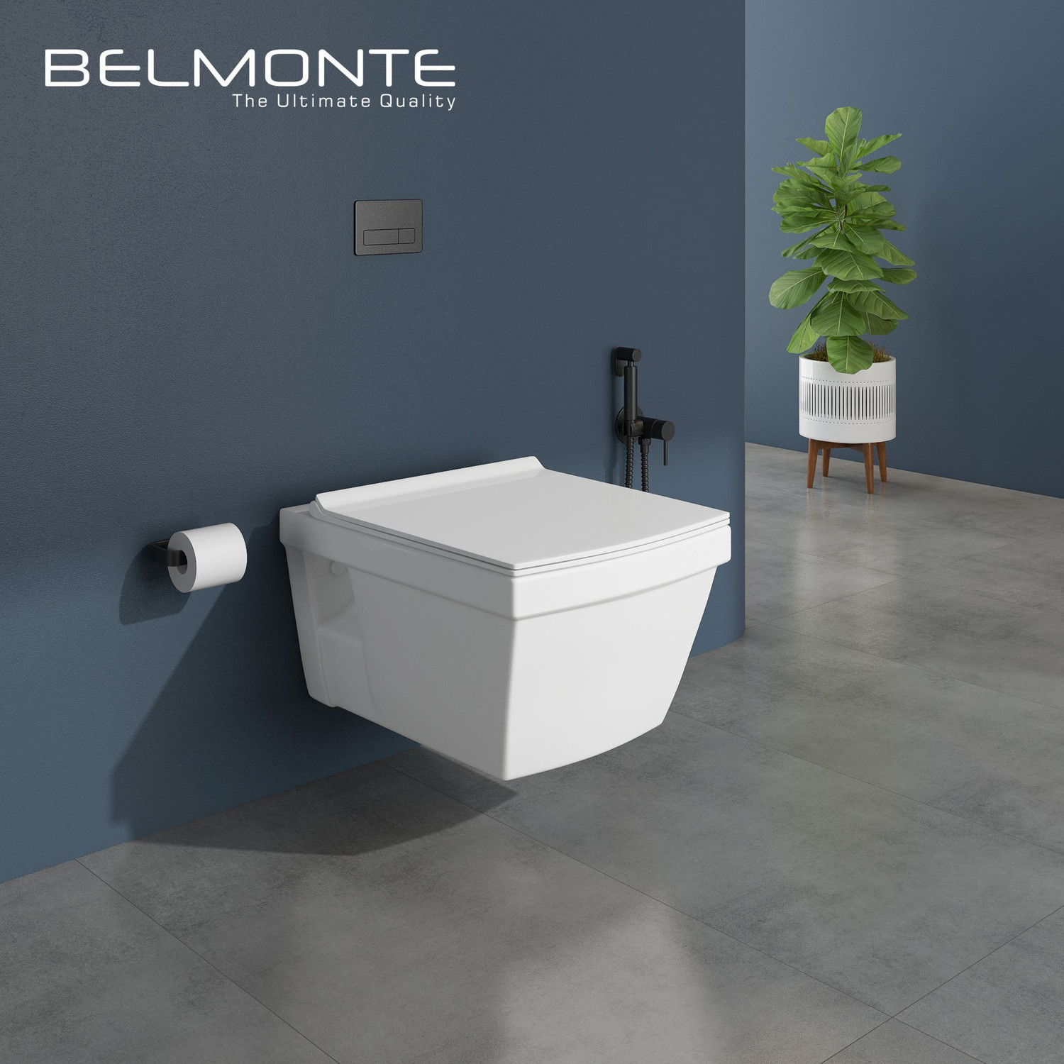 Image of BM BELMONTE Ceramic Wall Hung Rimless Western Toilet / Commode / Water Closet / EWC Crenza with Soft Close Slim Seat Cover 51cm x 36cm x 34cm Western Commode (White)