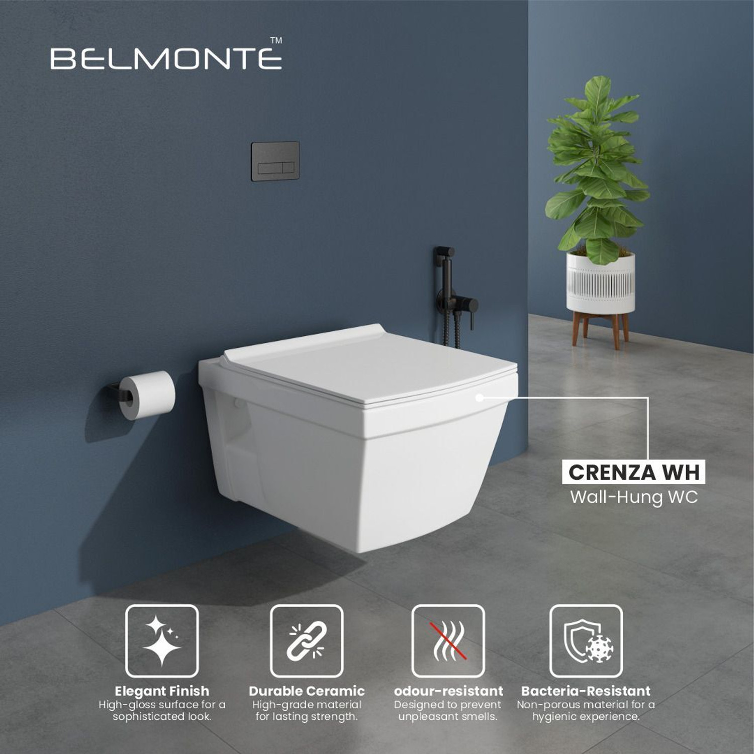 Image of BM BELMONTE Ceramic Wall Hung Rimless Western Toilet / Commode / Water Closet / EWC Crenza with Soft Close Slim Seat Cover 51cm x 36cm x 34cm Western Commode (White)