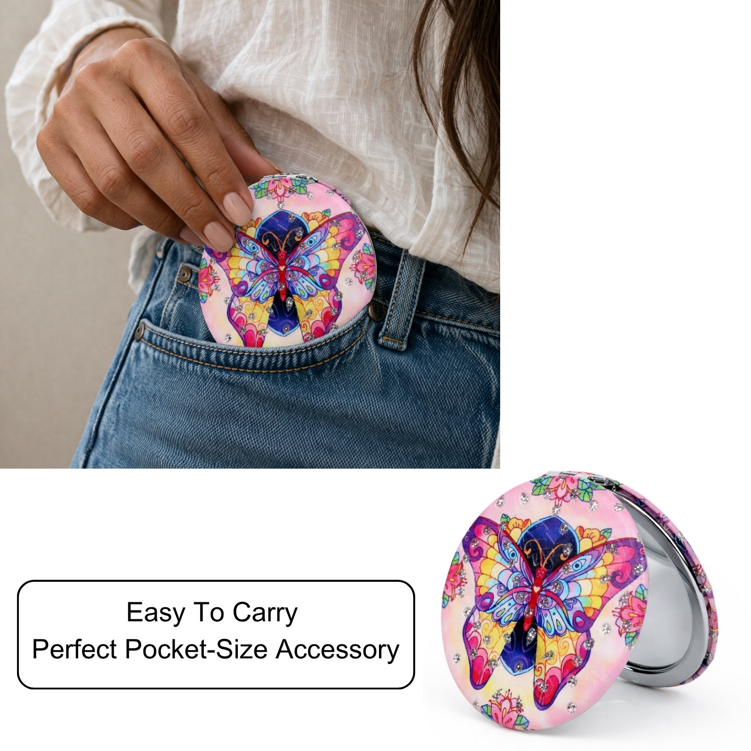 Image of BONSTELLA Pink Butterfly Pocket Mirror with Floral and Gem Design
