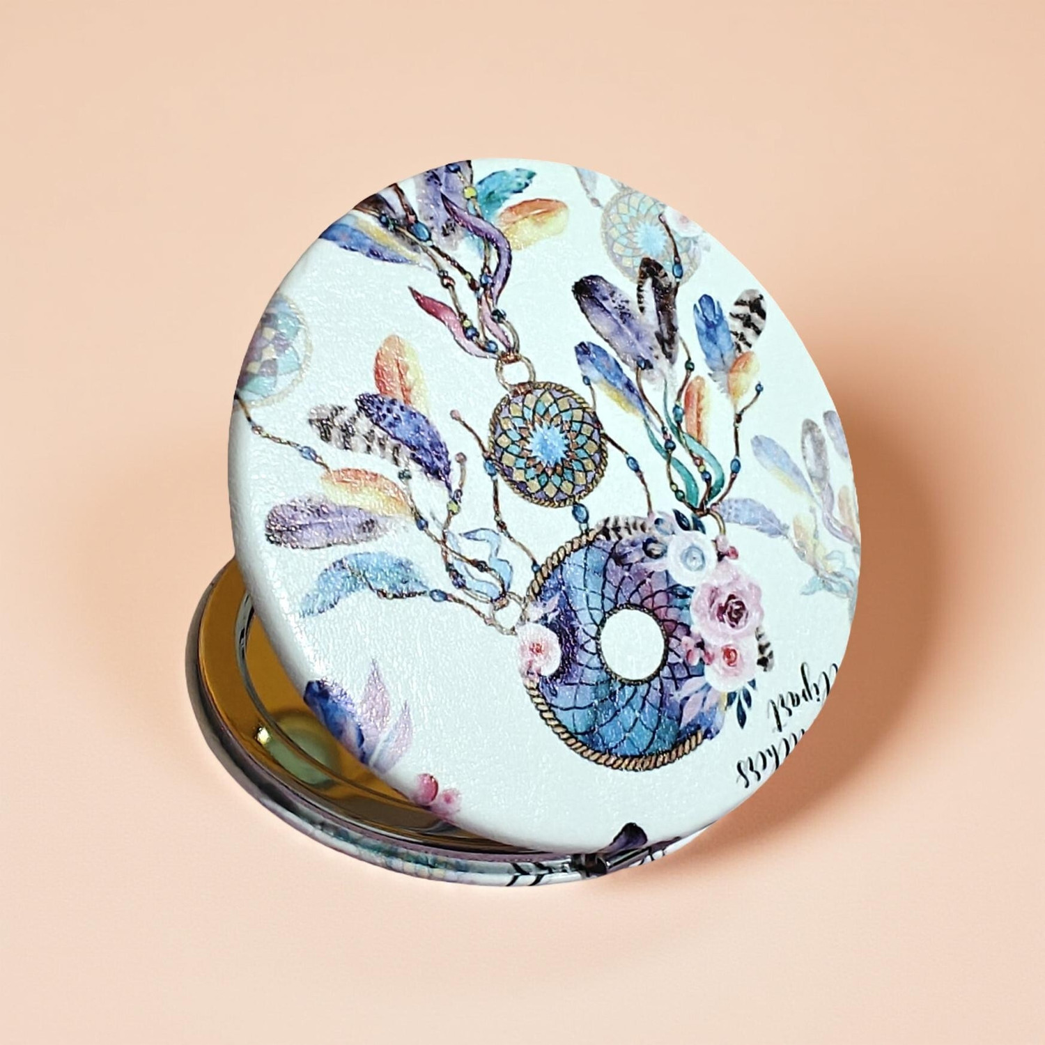 Image of BONSTELLA Pink Butterfly Pocket Mirror with Floral and Gem Design
