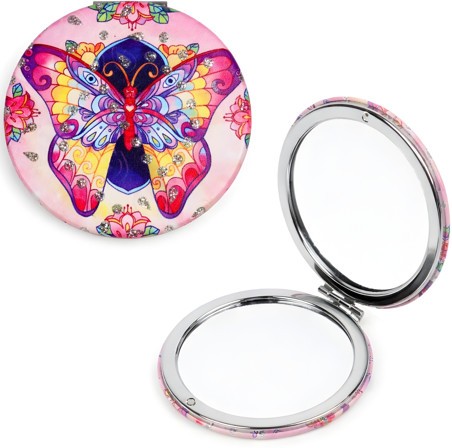 Image of BONSTELLA Pink Butterfly Pocket Mirror with Floral and Gem Design