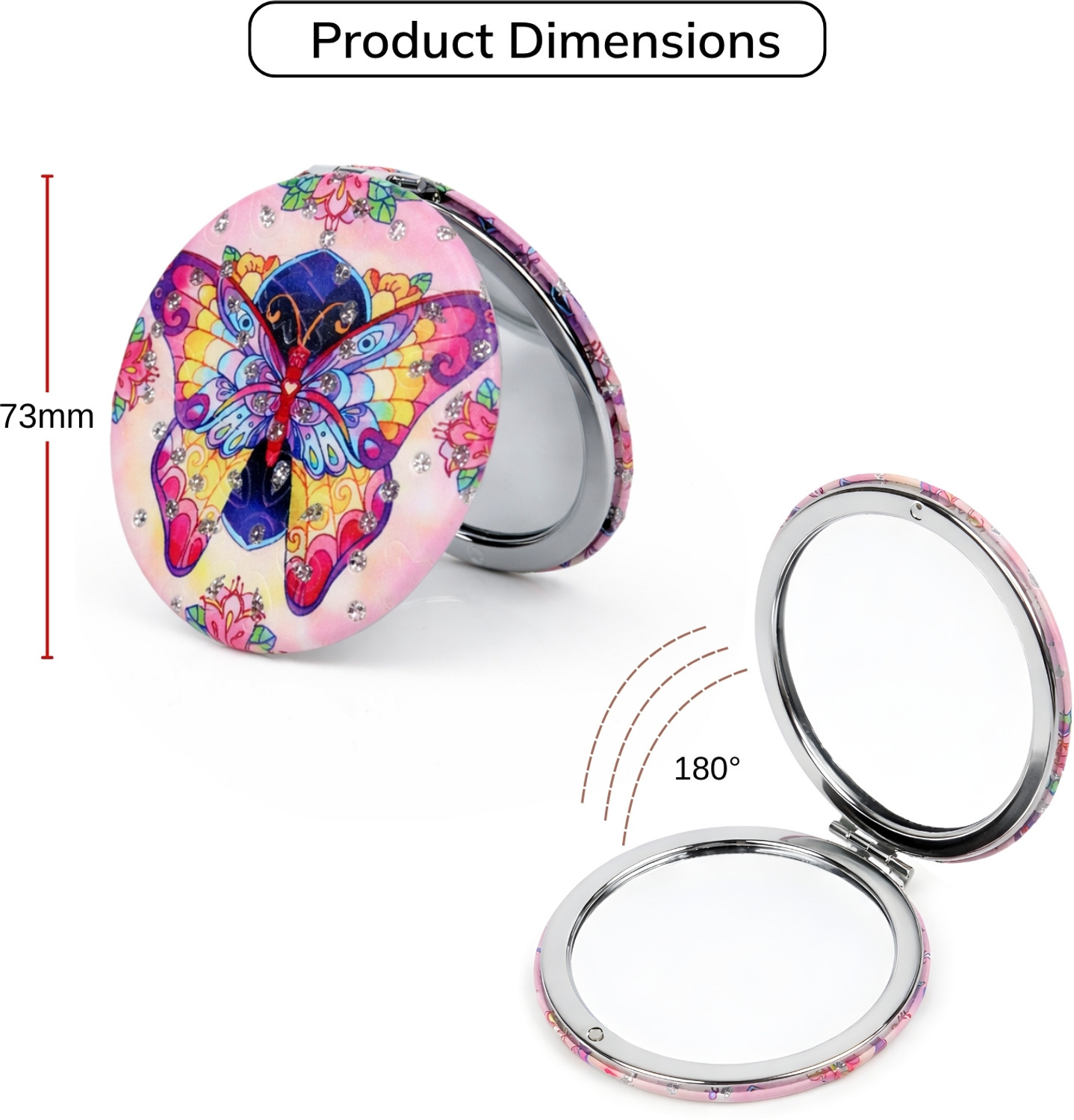 Image of BONSTELLA Pink Butterfly Pocket Mirror with Floral and Gem Design