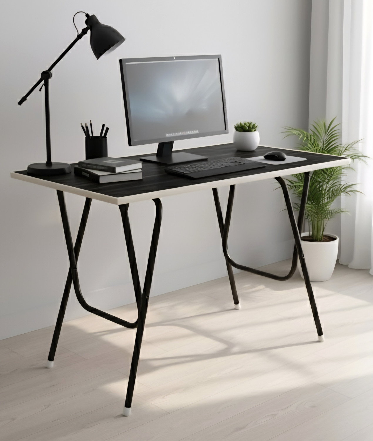 Image of SHREE HARI QUALITY FIRST Multi-Purpose Portable & Foldable Wooden Computer Table with Metallic Golden Leg Solid Wood Computer Desk (Straight, Finish Color - White Marble Finish, Pre-assembled)