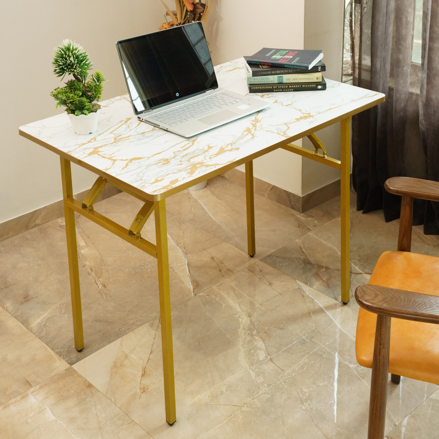Image of SHREE HARI QUALITY FIRST Multi-Purpose Portable & Foldable Wooden Computer Table with Metallic Golden Leg Solid Wood Computer Desk (Straight, Finish Color - White Marble Finish, Pre-assembled)