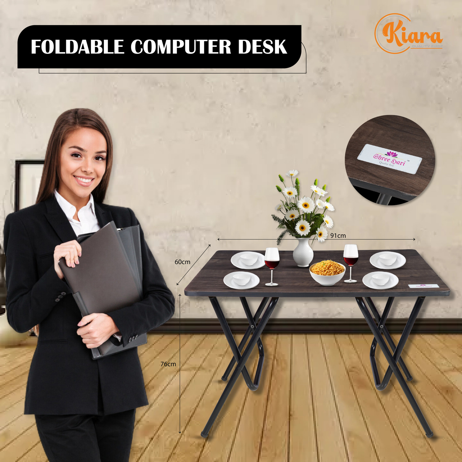 Image of Kiara Quality First Multi-Purpose Portable & Foldable Wooden Dining Table & Computer Desk Solid Wood Computer Desk (Straight, Finish Color - Brown, Pre-assembled)