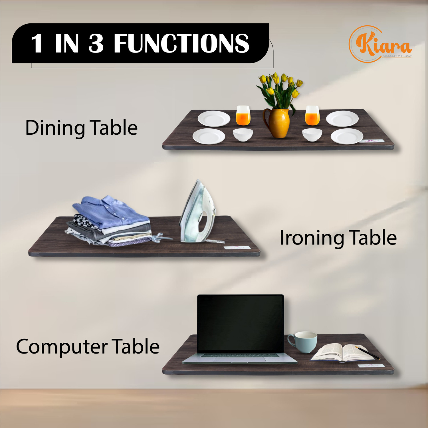 Image of Kiara Quality First Multi-Purpose Portable & Foldable Wooden Dining Table & Computer Desk Solid Wood Computer Desk (Straight, Finish Color - Brown, Pre-assembled)