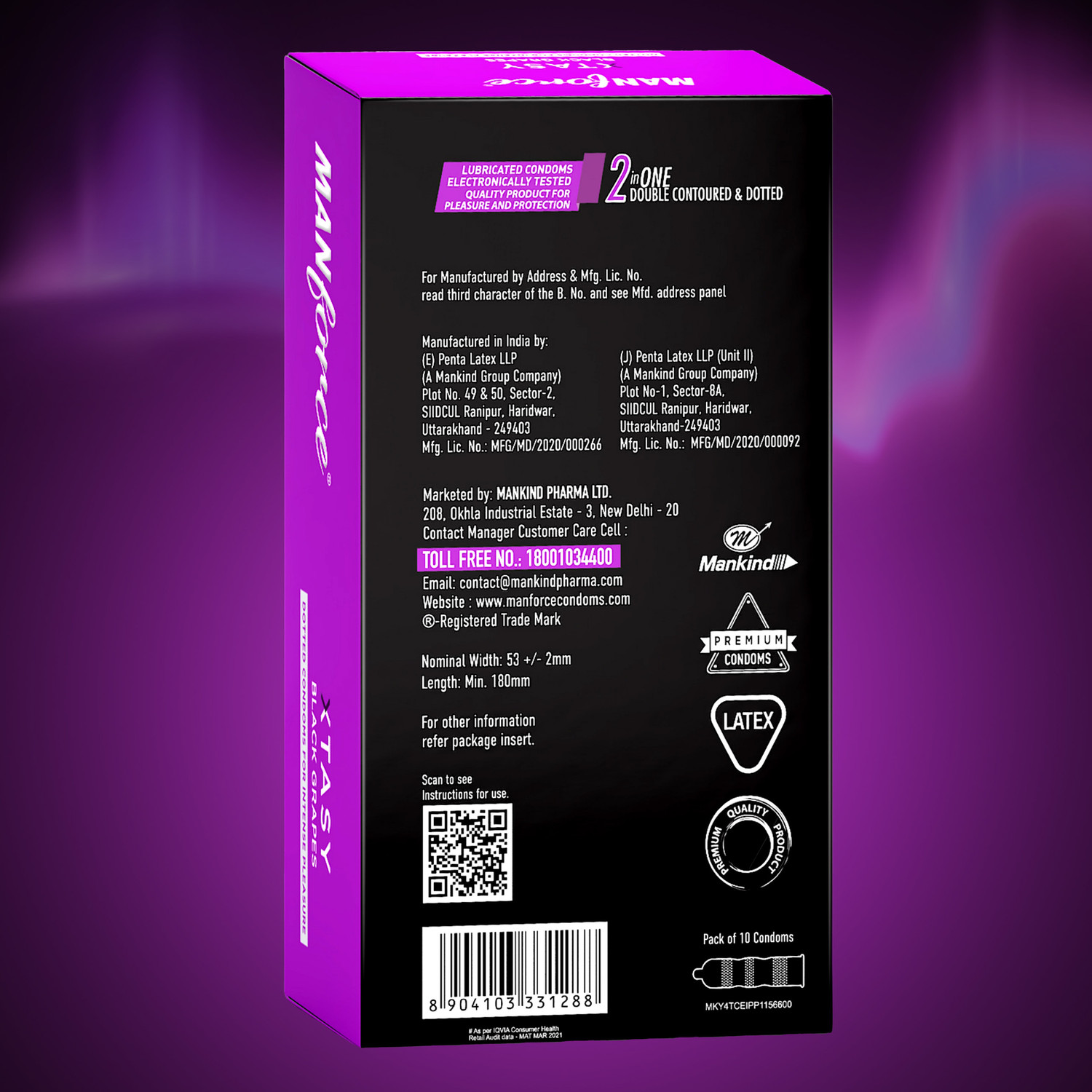 Image of MANFORCE 3 in 1 (Ribbed, Contour, Dotted) Wild Black Grapes Flavoured Condoms- 10 Pieces x Pack of 3 Condom (Set of 3, 30 Sheets)
