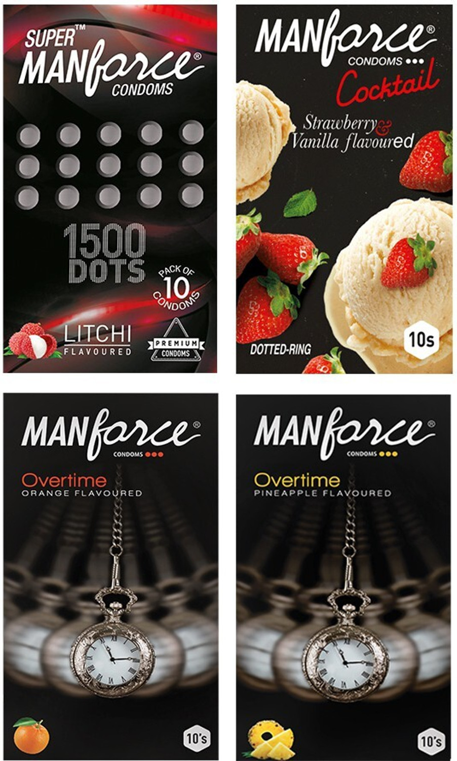 Image of MANFORCE Extra Dotted Litchi Flavoured Condoms - 10 Pieces & Overtime Pineapple 3in1 (Ribbed, Contour, Dotted) Condoms - 10 Pieces Condom (Set of 2, 20 Sheets)