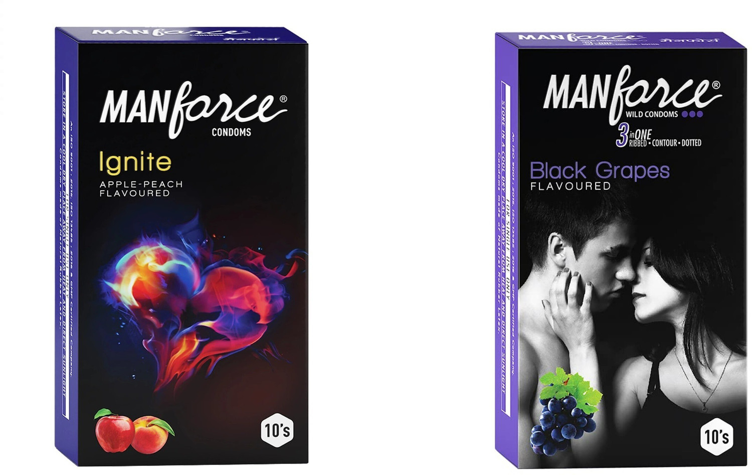 Image of MANFORCE Ignite Apple-peach Flavoured Extra Dotted Box Condoms - 10 Pieces & 3 in 1 (Ribbed, Contour, Dotted) Wild Black Grapes Flavoured Condoms- 10 Pieces Condom (Set of 2, 20 Sheets)