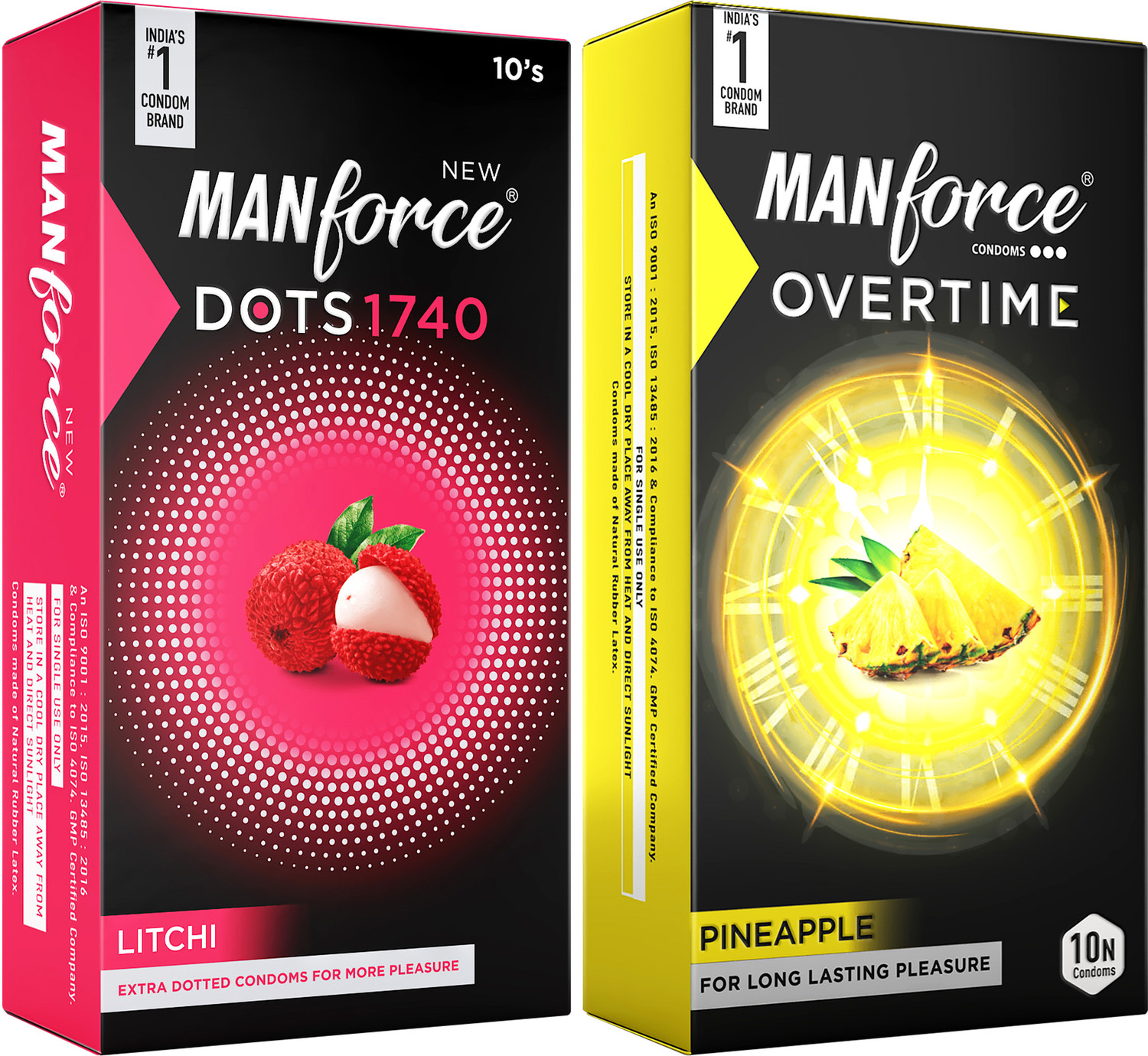Image of MANFORCE Extra Dotted Litchi Flavoured Condoms - 10 Pieces & Overtime Pineapple 3in1 (Ribbed, Contour, Dotted) Condoms - 10 Pieces Condom (Set of 2, 20 Sheets)