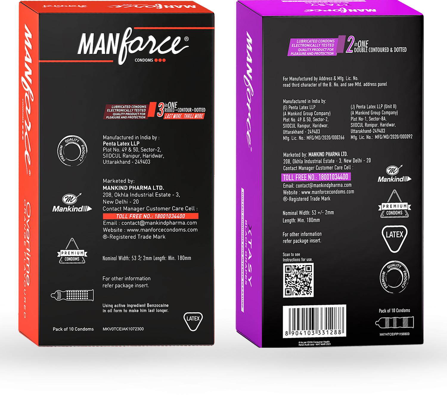 Image of MANFORCE 3 in 1 (Ribbed, Contour, Dotted) Wild Black Grapes Flavoured Condoms- 10 Pieces & 3 in 1 Condoms (Ribbed, Contour, Dotted), Overtime Orange Flavoured- 10 Pieces Condom (Set of 2, 20 Sheets)