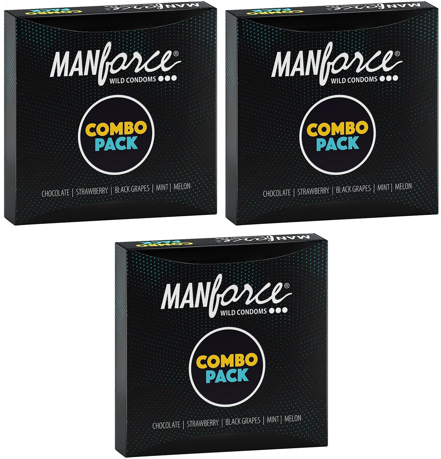 Image of MANFORCE 3 in 1 (Ribbed, Contour, Dotted) Wild Black Grapes Flavoured Condoms- 10 Pieces x Pack of 3 Condom (Set of 3, 30 Sheets)