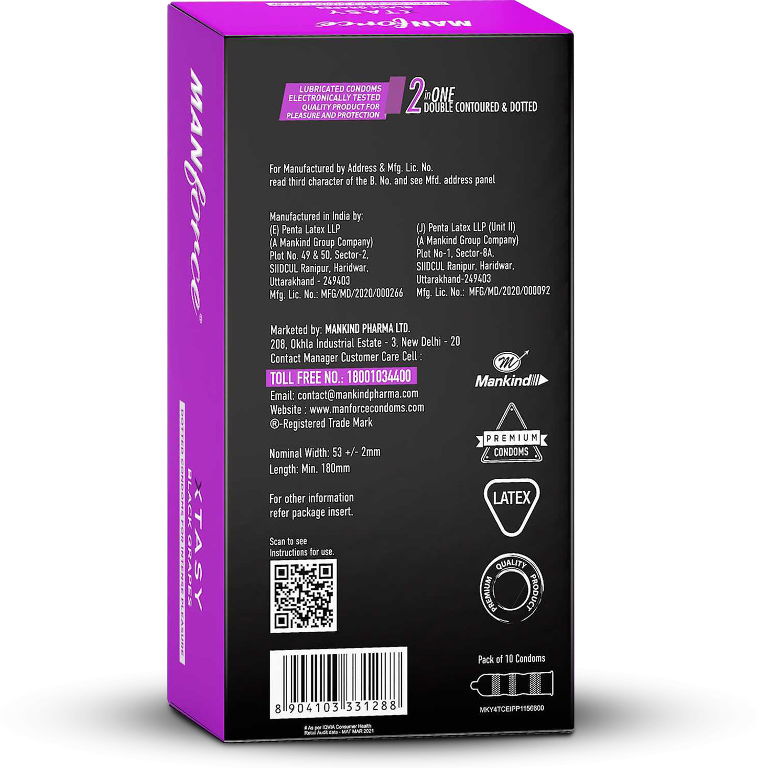 Image of MANFORCE 3 in 1 (Ribbed, Contour, Dotted) Wild Black Grapes Flavoured Condoms- 10 Pieces x Pack of 2 Condom (Set of 2, 20 Sheets)