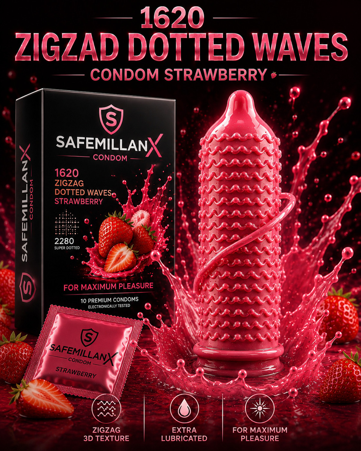 SafeMillaneX Zigzag Dotted Waves Strawberry Flavoured Condom - Image 4